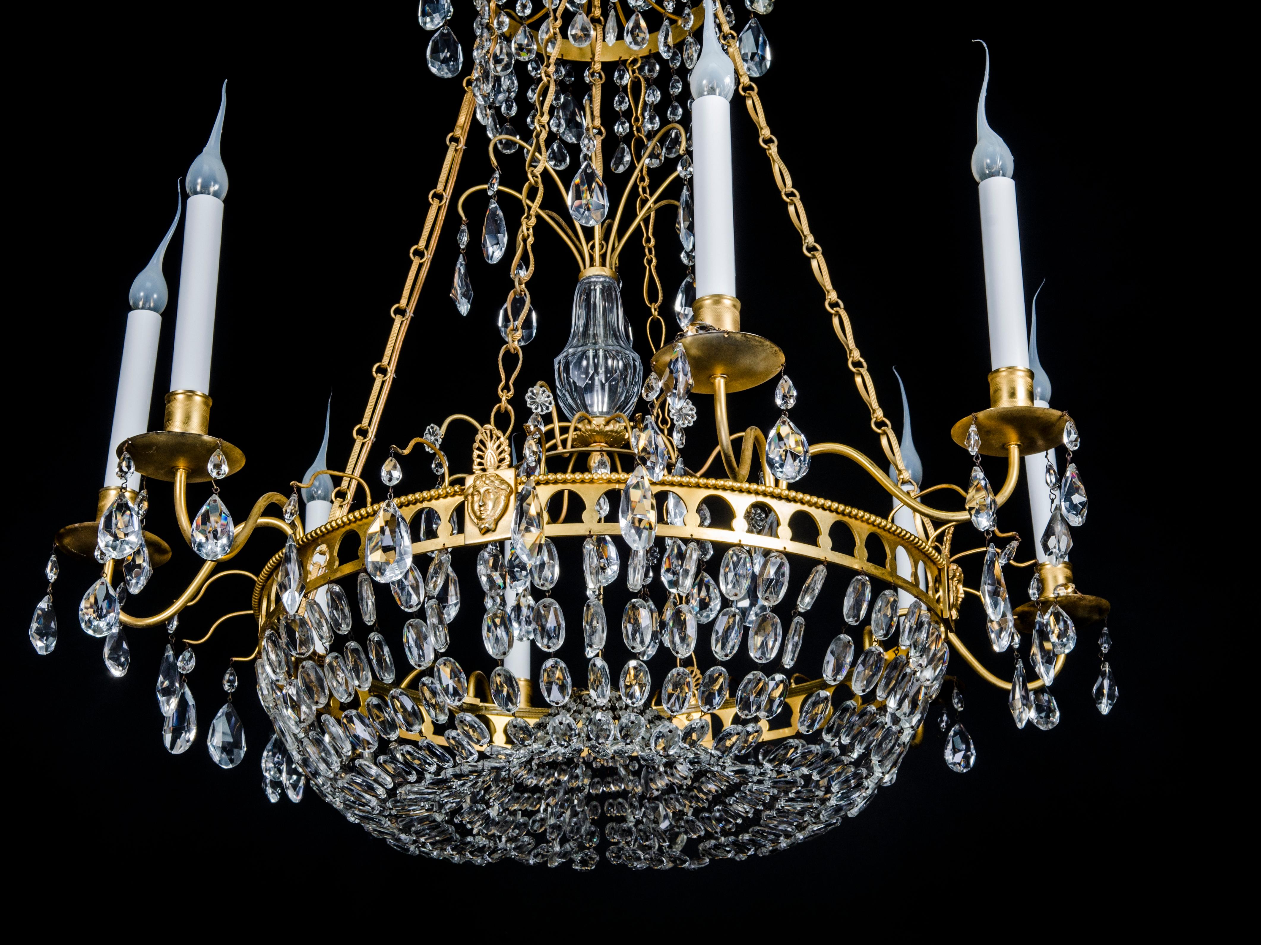 Antique Russian Neoclassical Gilt Bronze & Cut Crystal Figural Chandelier For Sale 4