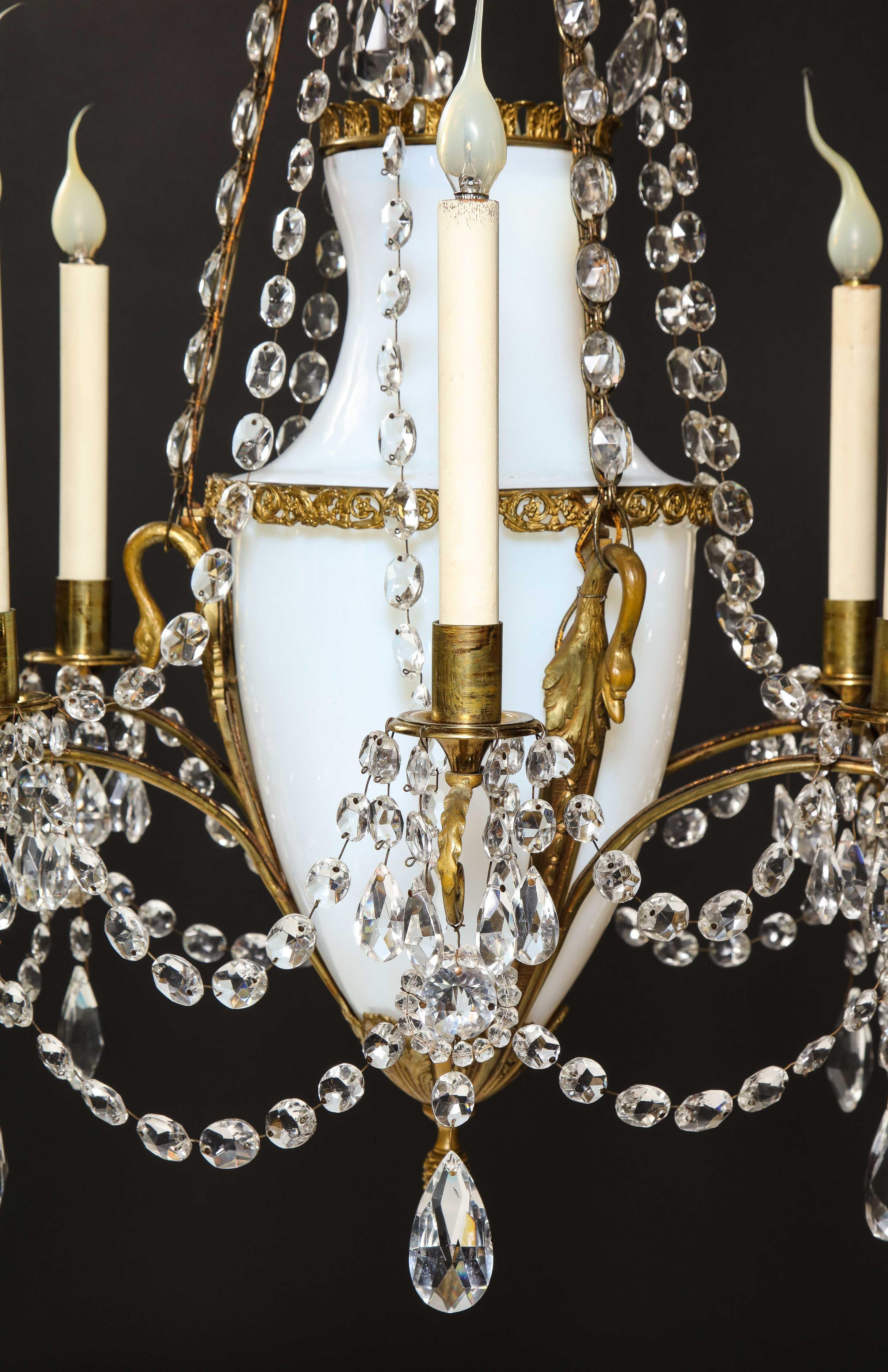 Antique Russian Neoclassical Gilt Bronze, Opaline Glass and Crystal Chandelier For Sale 6