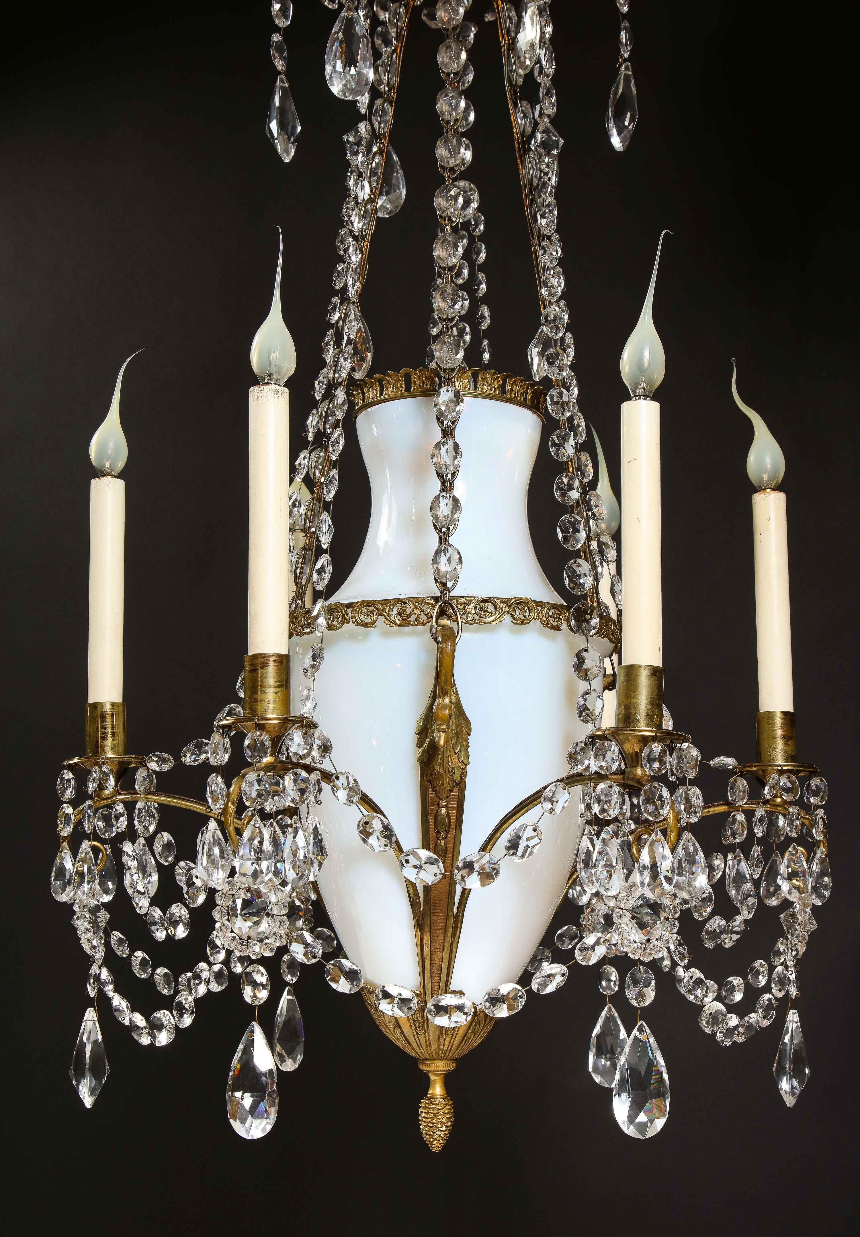 European Antique Russian Neoclassical Gilt Bronze, Opaline Glass and Crystal Chandelier For Sale