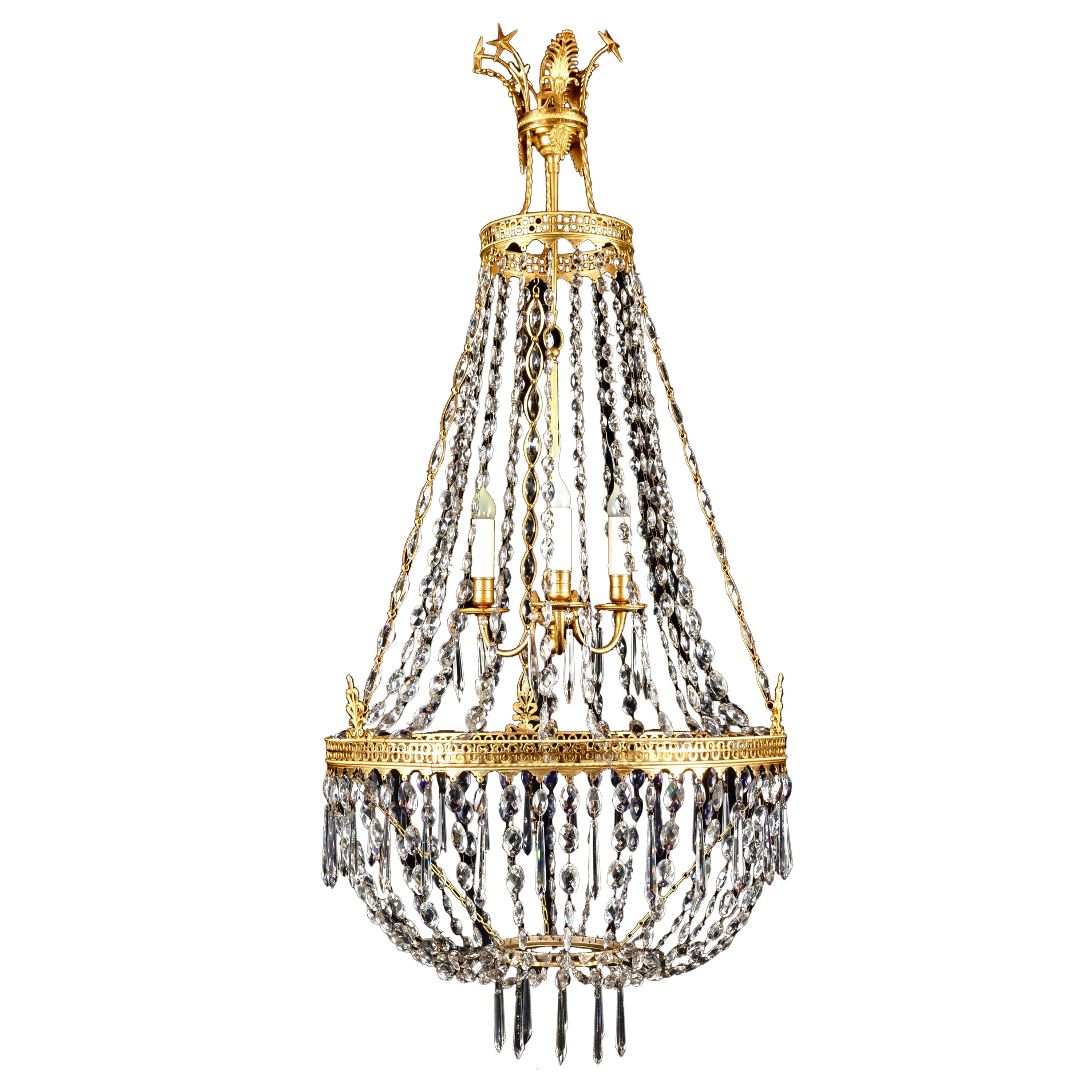 Lustre russe ancien de style néoclassique en bronze doré et cristal en vente