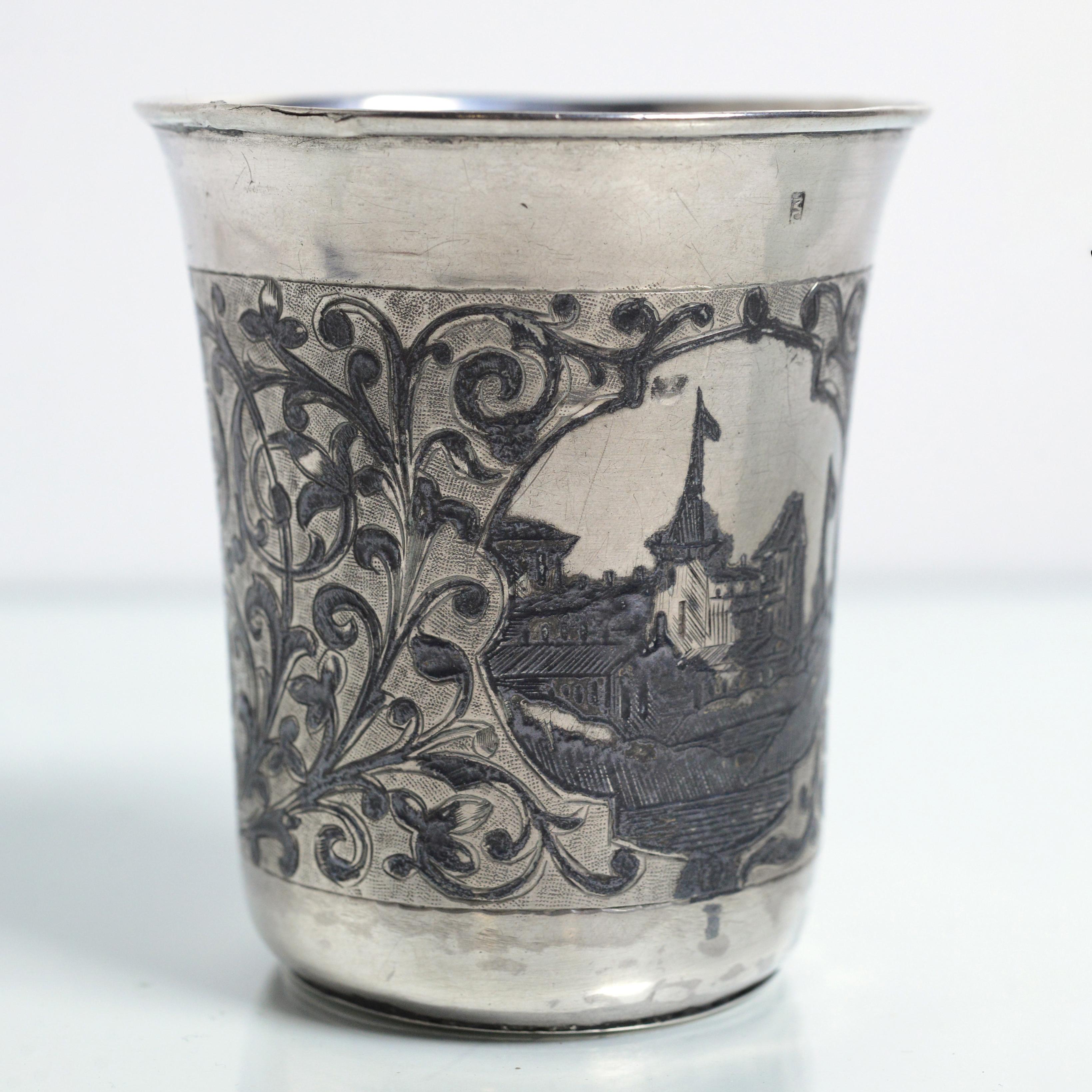 Empire Antique Russian Niello Silver Cup Beaker by M. Dmitriev 1862 Moscow Views