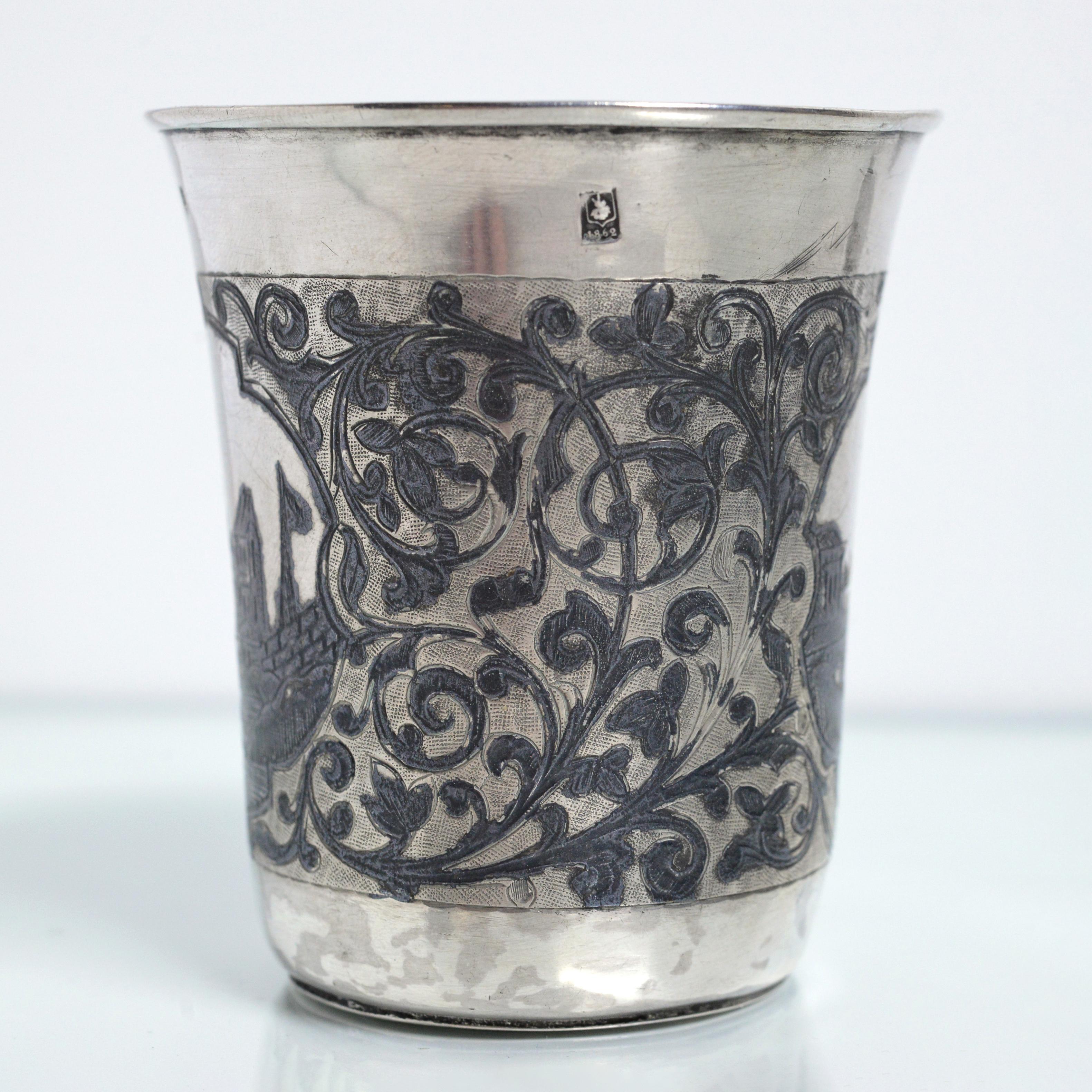 Hand-Carved Antique Russian Niello Silver Cup Beaker by M. Dmitriev 1862 Moscow Views