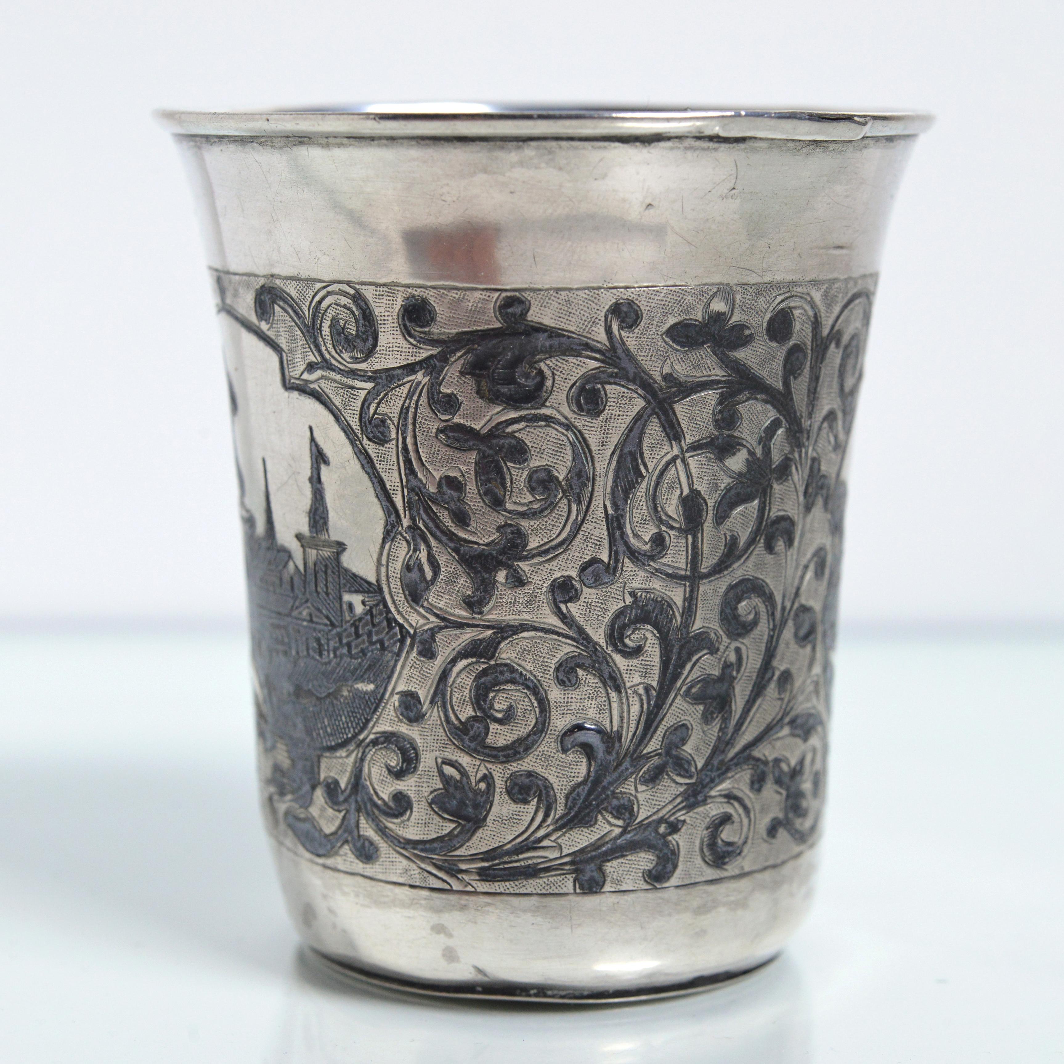 Antique Russian Niello Silver Cup Beaker by M. Dmitriev 1862 Moscow Views In Good Condition In Sweden, SE