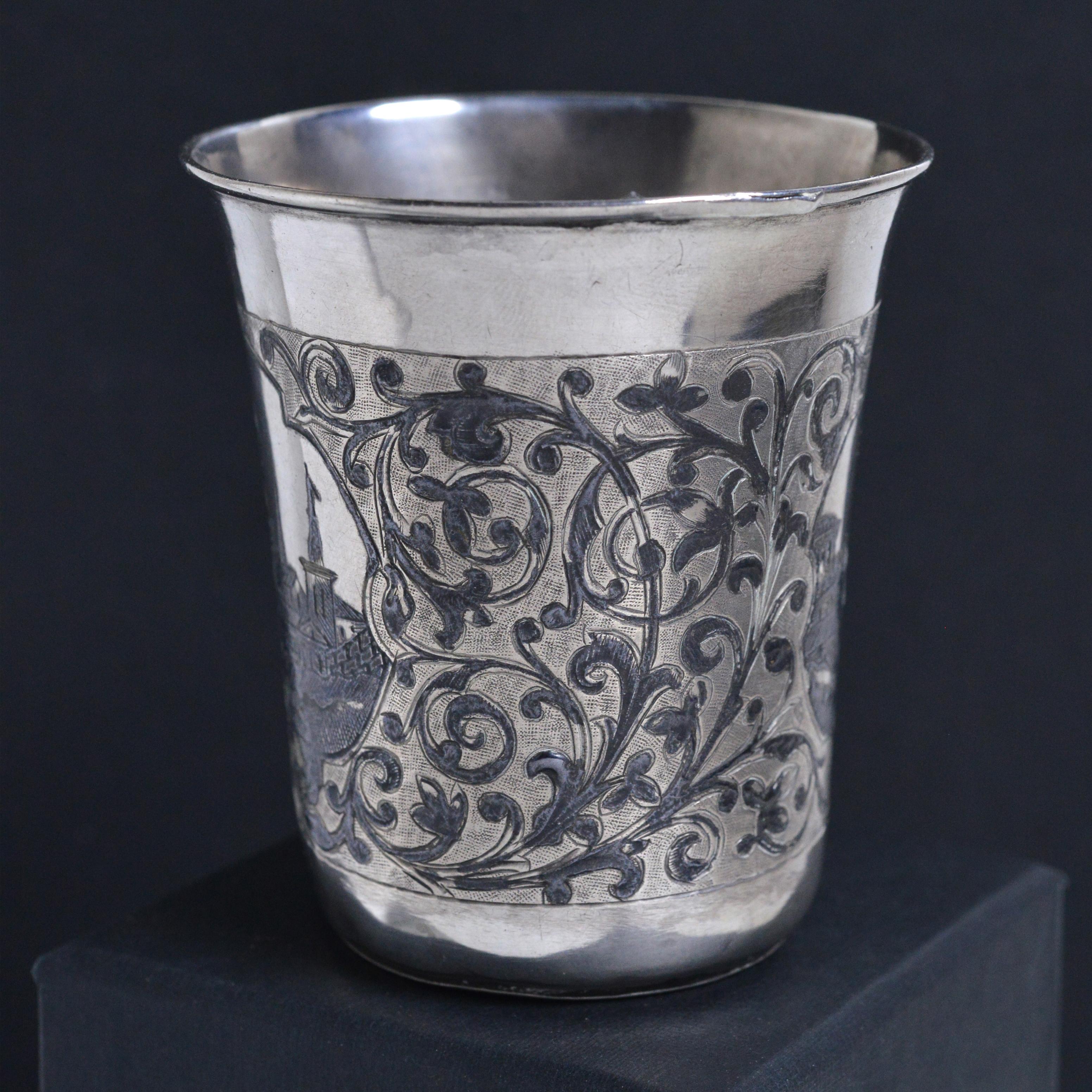 19th Century Antique Russian Niello Silver Cup Beaker by M. Dmitriev 1862 Moscow Views