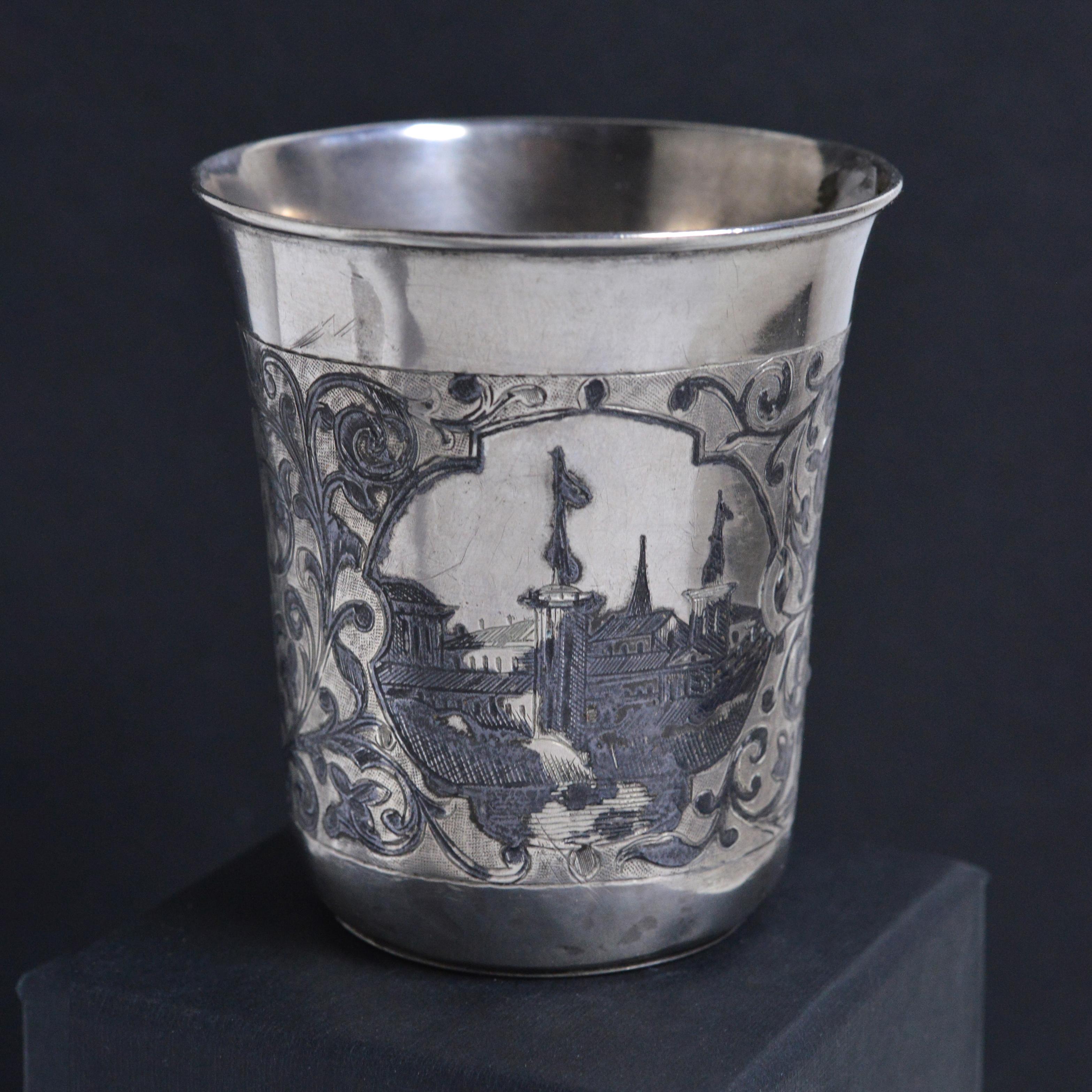 Sterling Silver Antique Russian Niello Silver Cup Beaker by M. Dmitriev 1862 Moscow Views