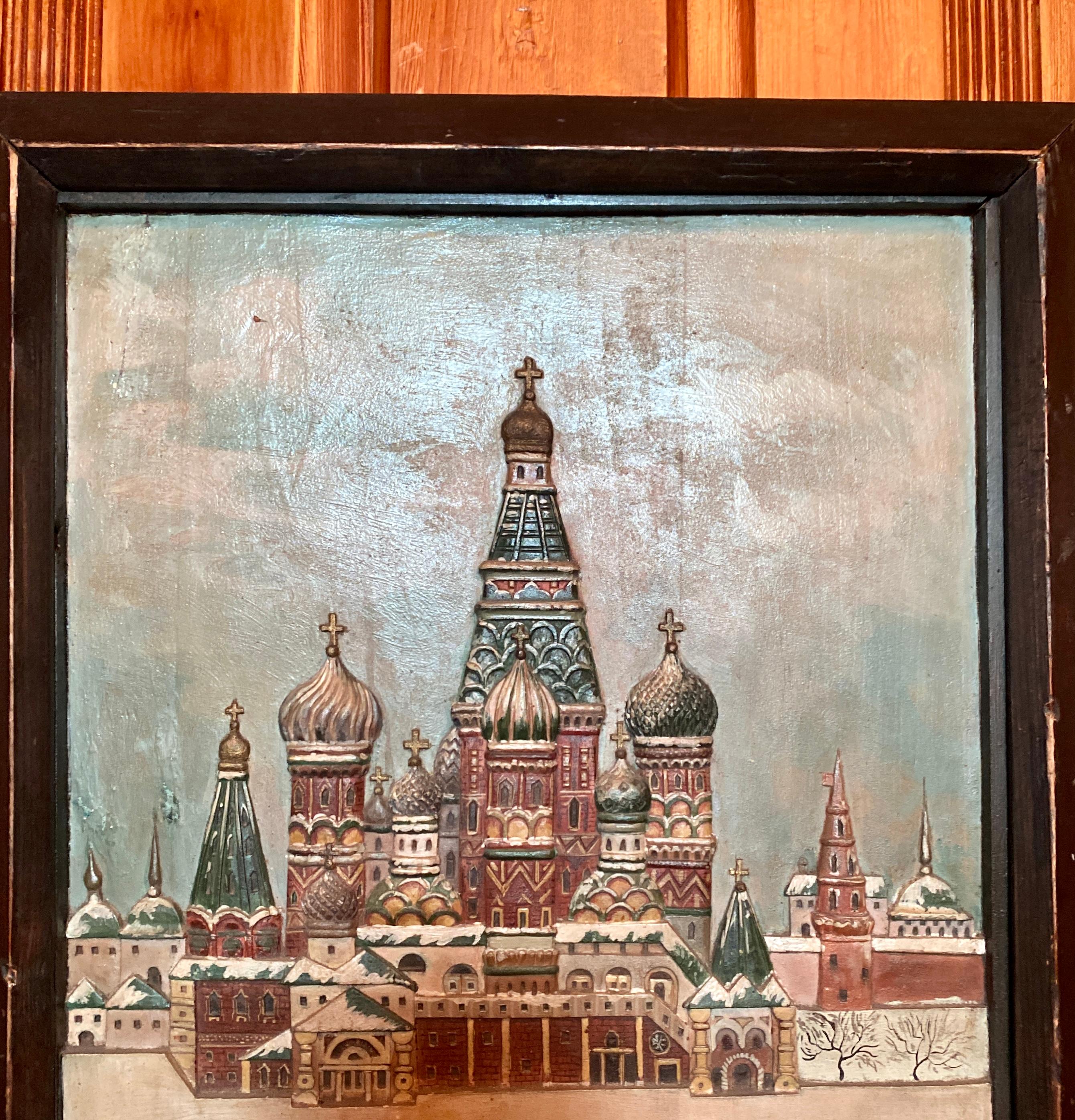 Antique Russian souvenir illustration of Moscow, circa 1910-1920.
Oil painting and carving on wood panel.