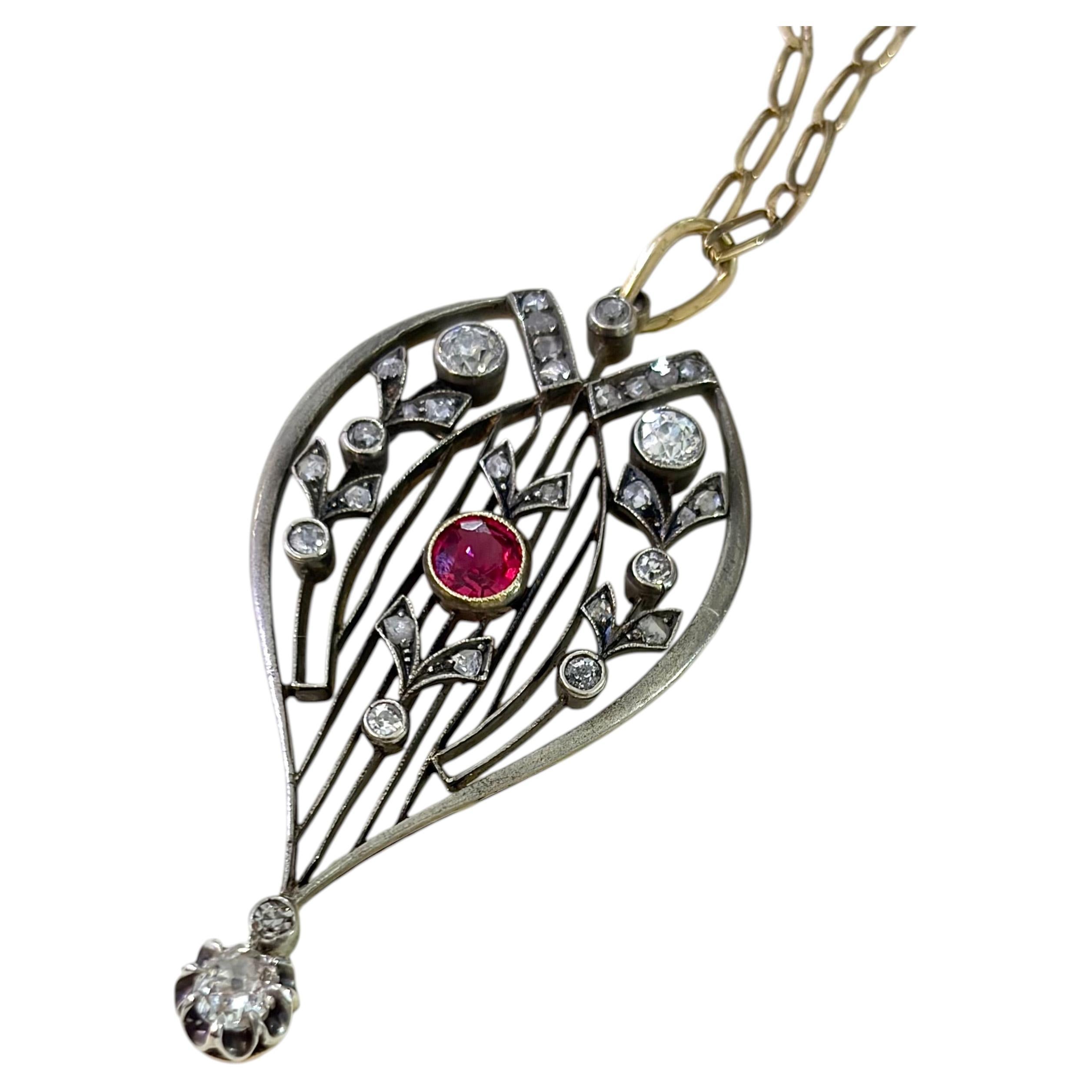 Antique Russian Old Mine Cut Diamond And Ruby Gold Pendant