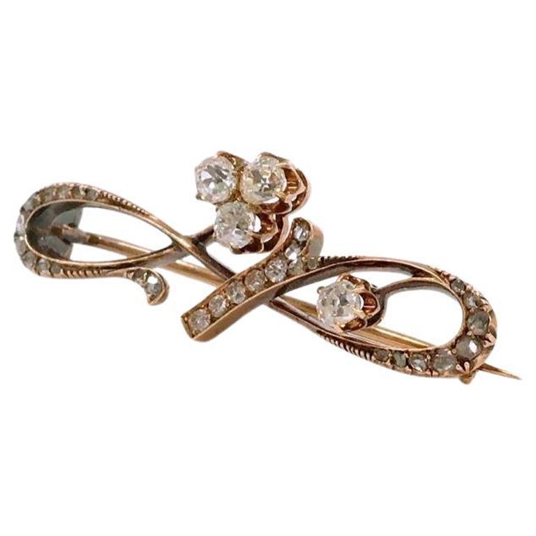 Antique 14k Gold Russian Old Mine Cut Diamond Brooch For Sale at 1stDibs