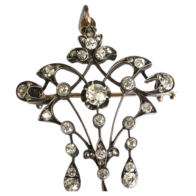 Women's Antique Old Mine Cut Diamond Russian Gold Brooch And Pendant For Sale