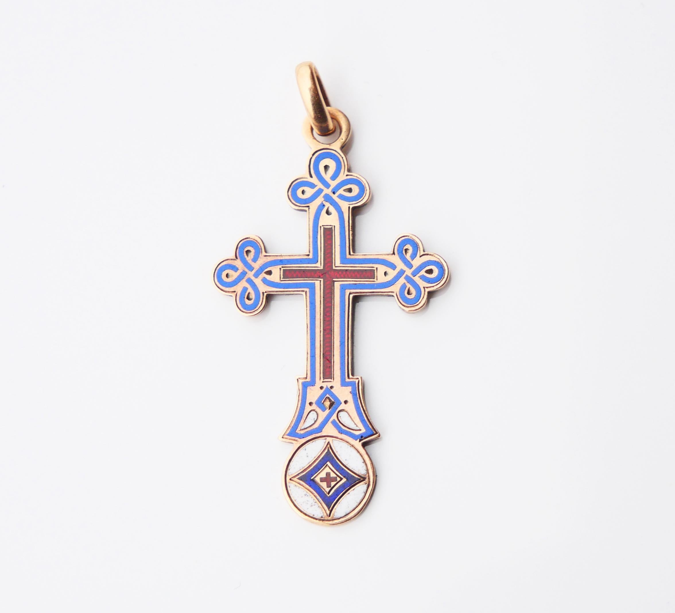 Russian Empire Antique Russian Orthodox Cross Crucifix Enamel Solid 56 14K Gold / 3.92 gr For Sale