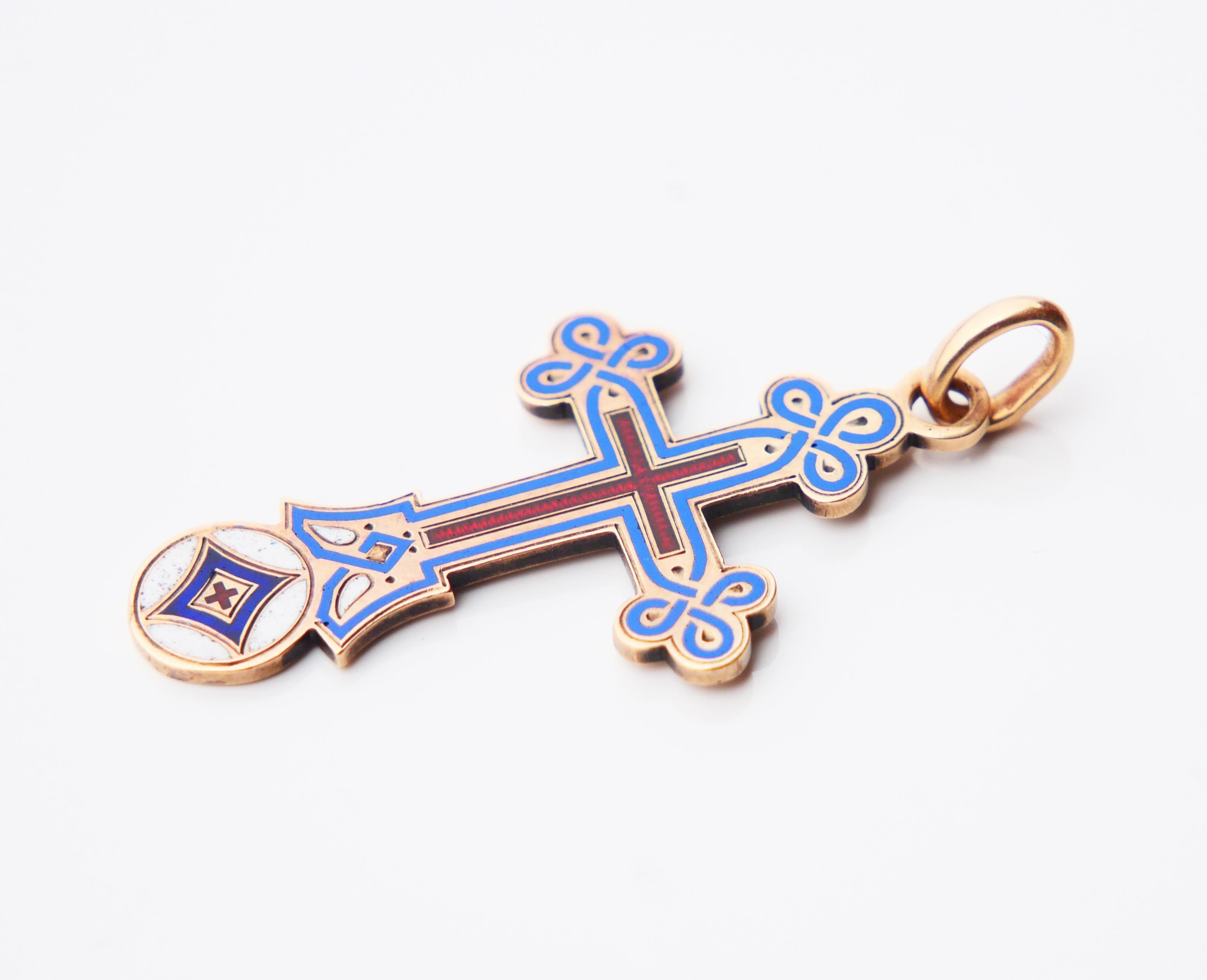 Antique Russian Orthodox Cross Crucifix Enamel Solid 56 14K Gold / 3.92 gr For Sale 2