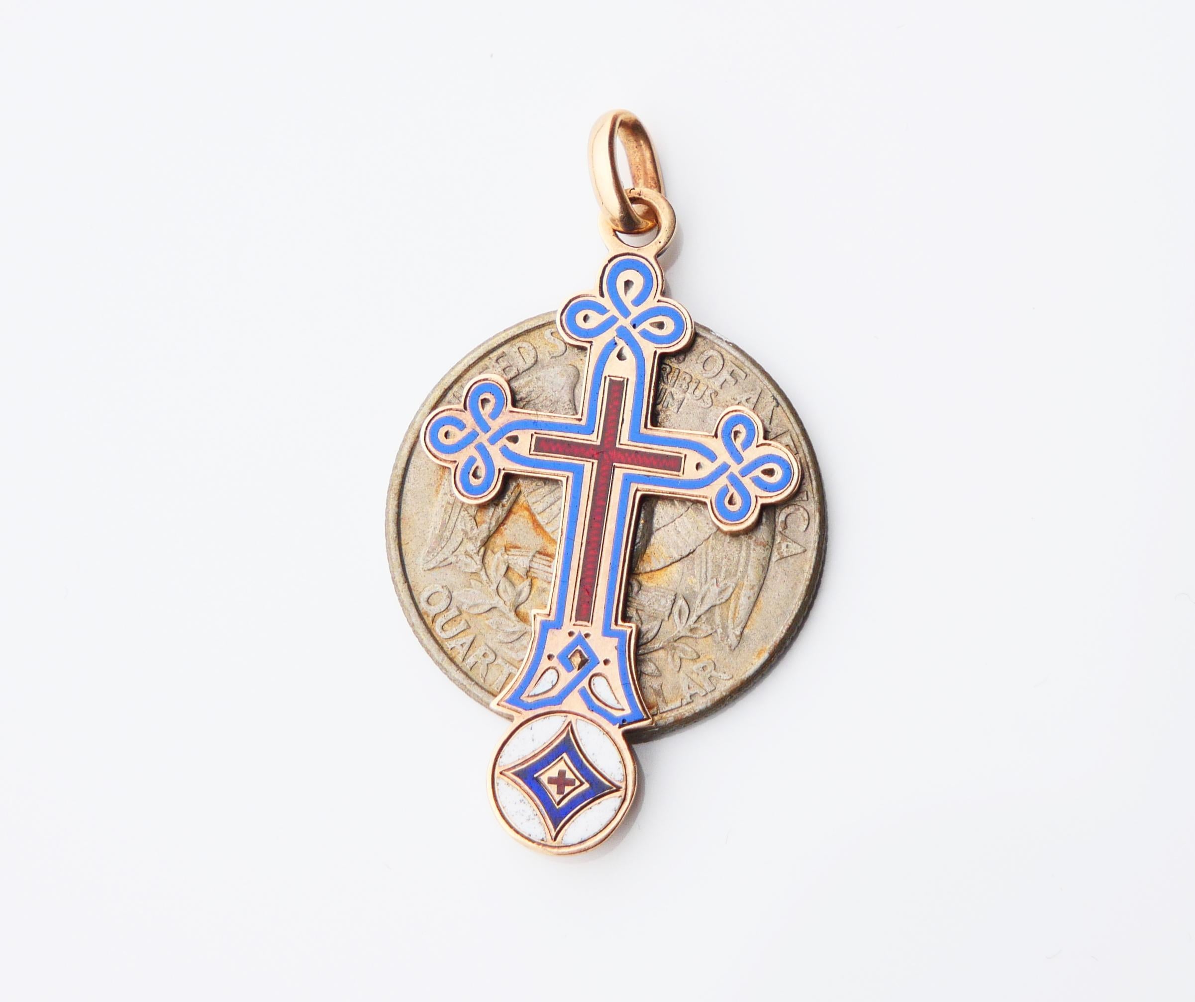 Antique Russian Orthodox Cross Crucifix Enamel Solid 56 14K Gold / 3.92 gr For Sale 3