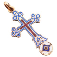 Antigua Cruz Ortodoxa Rusa Crucifijo Esmalte Macizo 56 Oro 14K / 3.92 gr