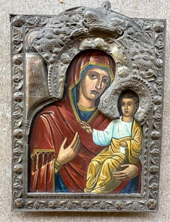 Icono Ortodoxo Ruso Antiguo de la Madre de Dios de Smolensk sobre Madera con Basma