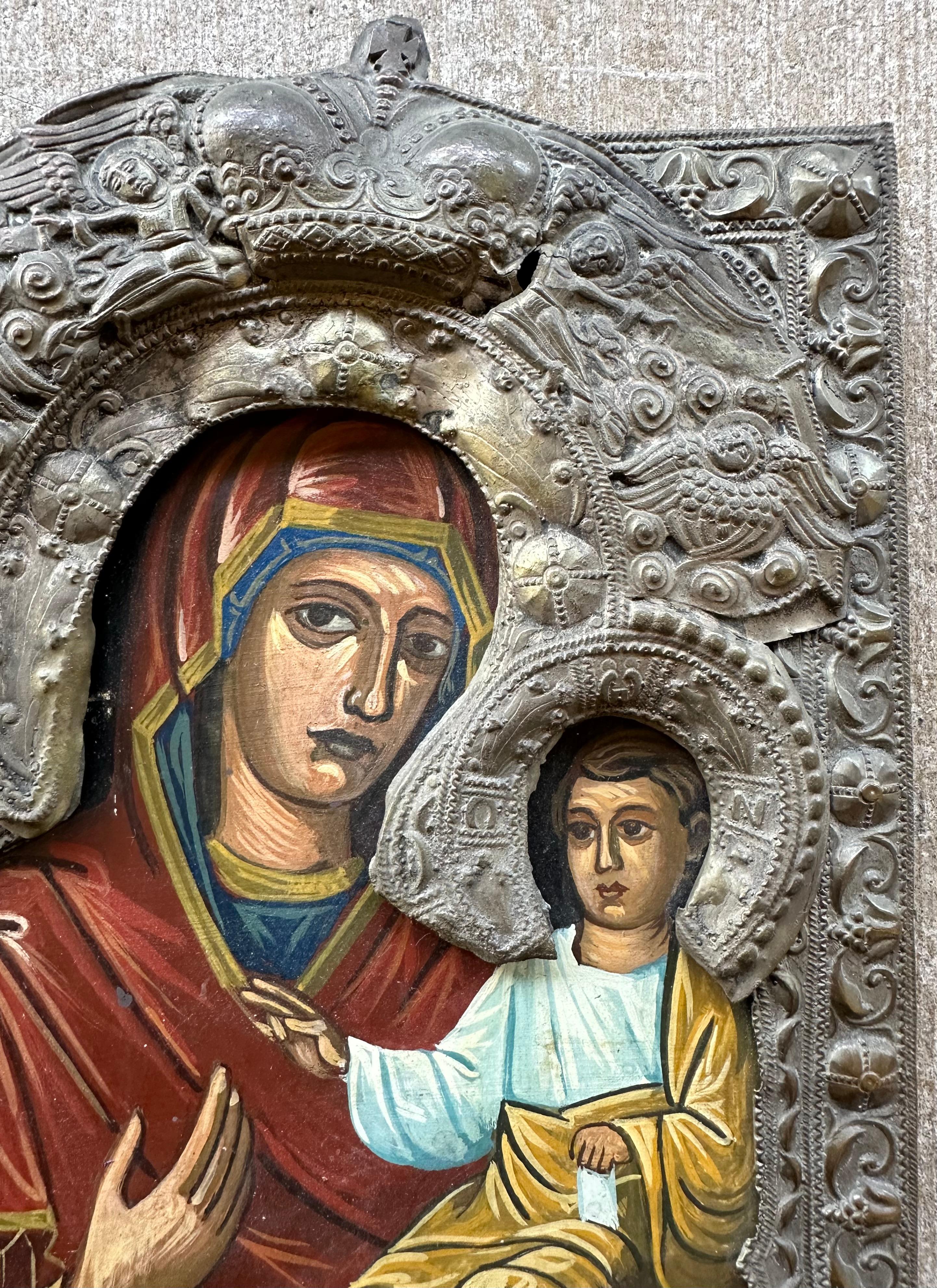 Antique Russian Orthodox Icon of Smolensk Mother of God on Wood With Basma In Good Condition In Tustin, CA