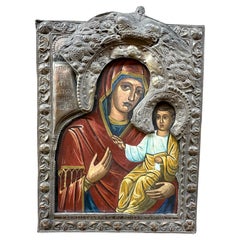 Antique Russian Orthodox Icon of Smolensk Mother of God on Wood With Basma