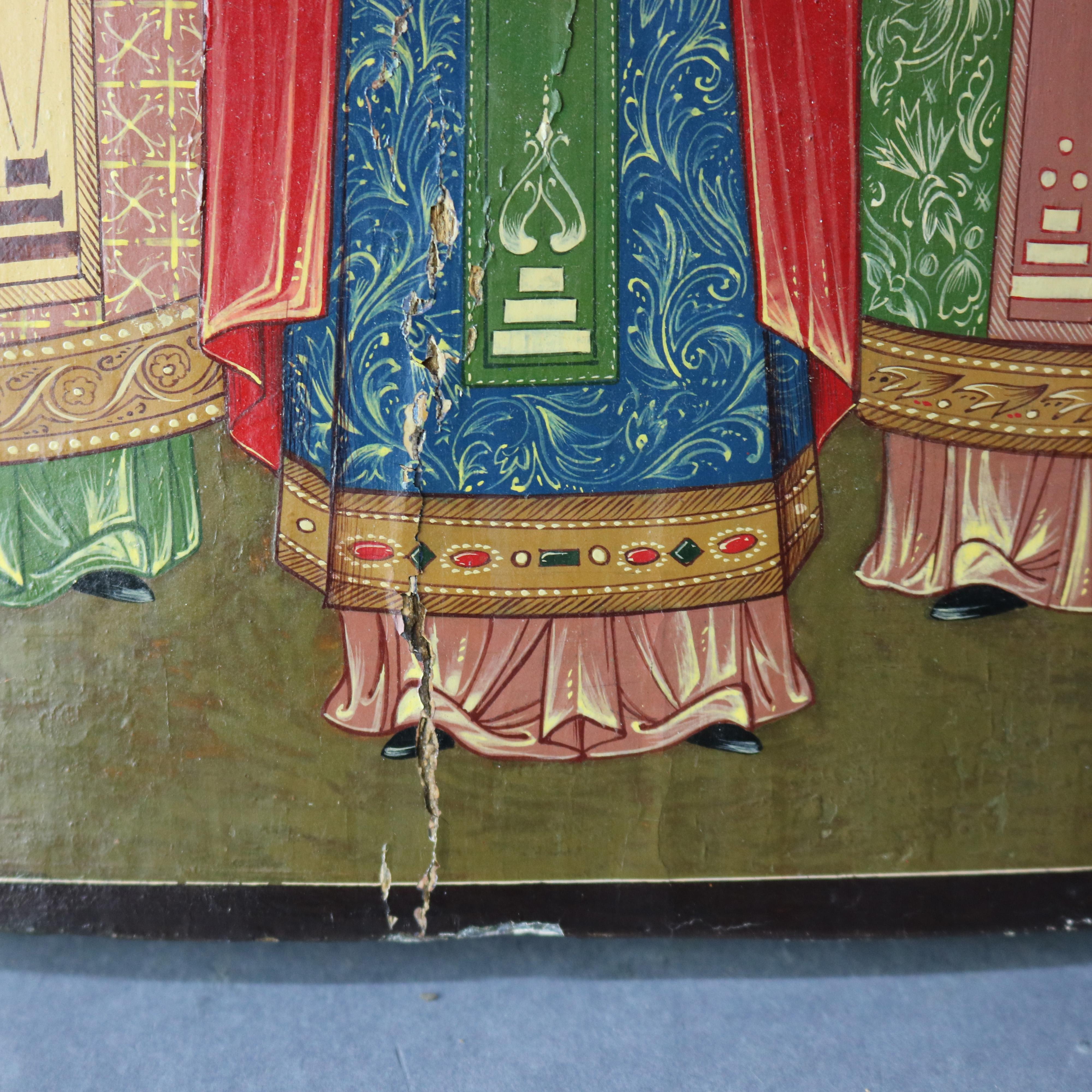 Carved Antique Russian Orthodox Icon Painting on Board, Three Saints, 18th-19th Century