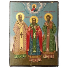 Antique Russian Orthodox Icon Painting on Board, Three Saints, 18th-19th Century