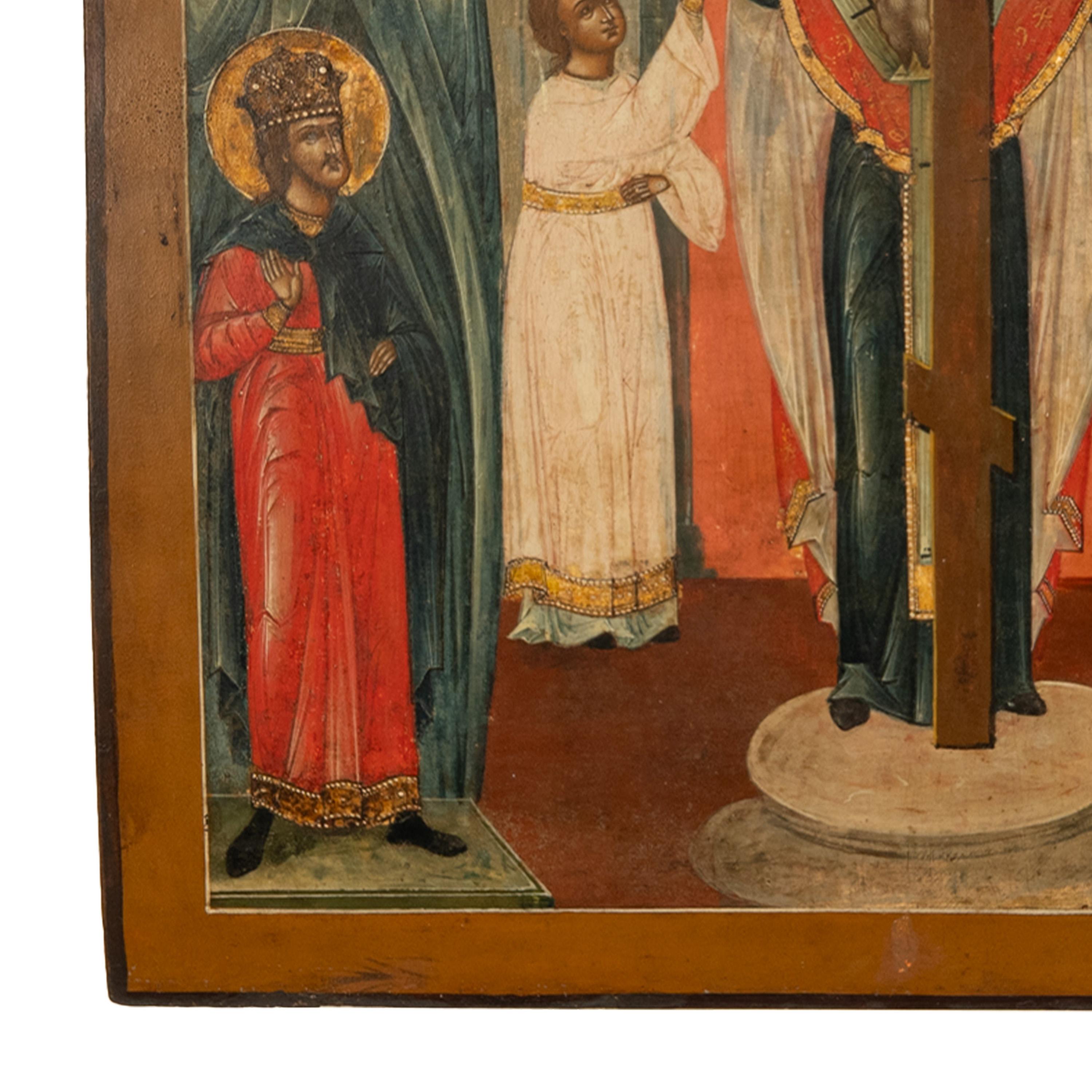 Gilt Antique Russian Orthodox Icon St. Helena & Constantine Marcarius True Cross 1820 For Sale