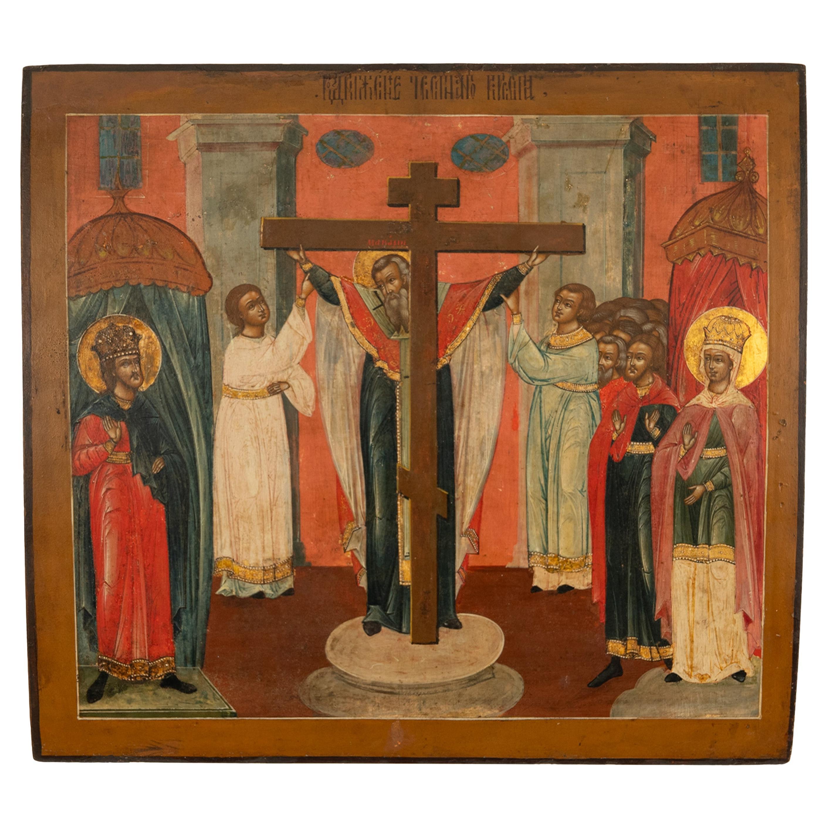 Antike russisch-orthodoxe Ikone St. Helena & Konstantin Marcarius Trueing Kreuz 1820