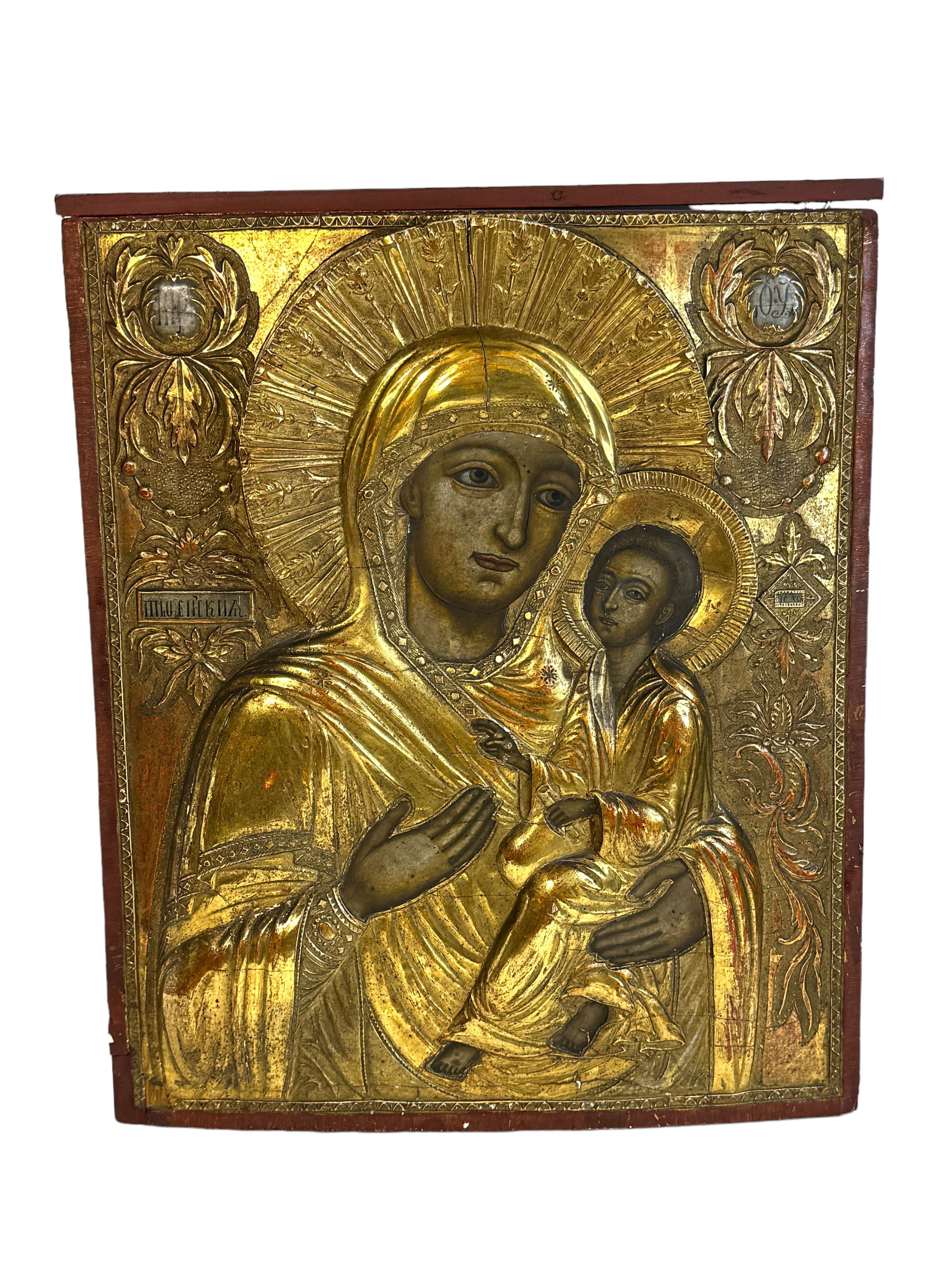 Hand-Crafted Antique Russian Orthodox Icon Tikhvin Mother of God, 17th Ct. Collection Popoff