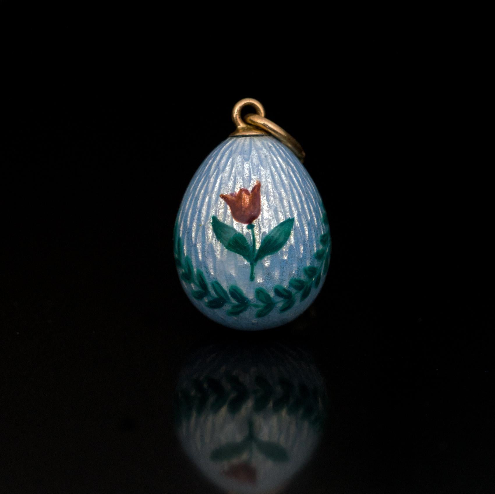 Edwardian Antique Russian Painted Blue Guilloche Enamel Egg Pendant