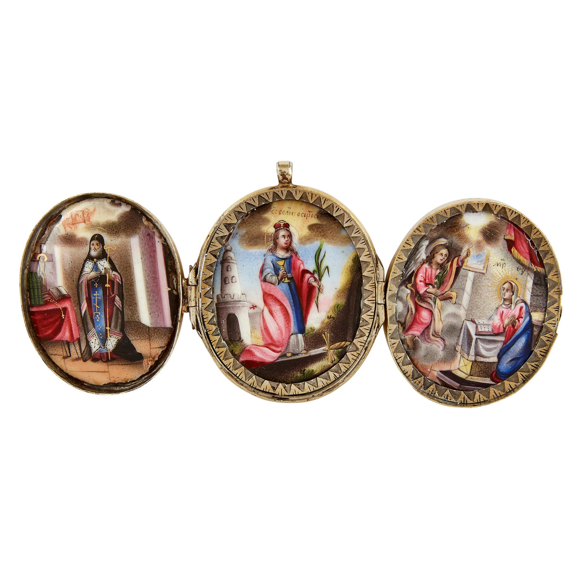 Antique Russian painted enamel and vermeil folding triptych locket
Russian, 19th Century
When open: Height 5cm, width 11cm, depth 1cm
When closed: Height 5cm, width 4cm, depth 1cm

This wonderful triptych locket is crafted from vermeil, or