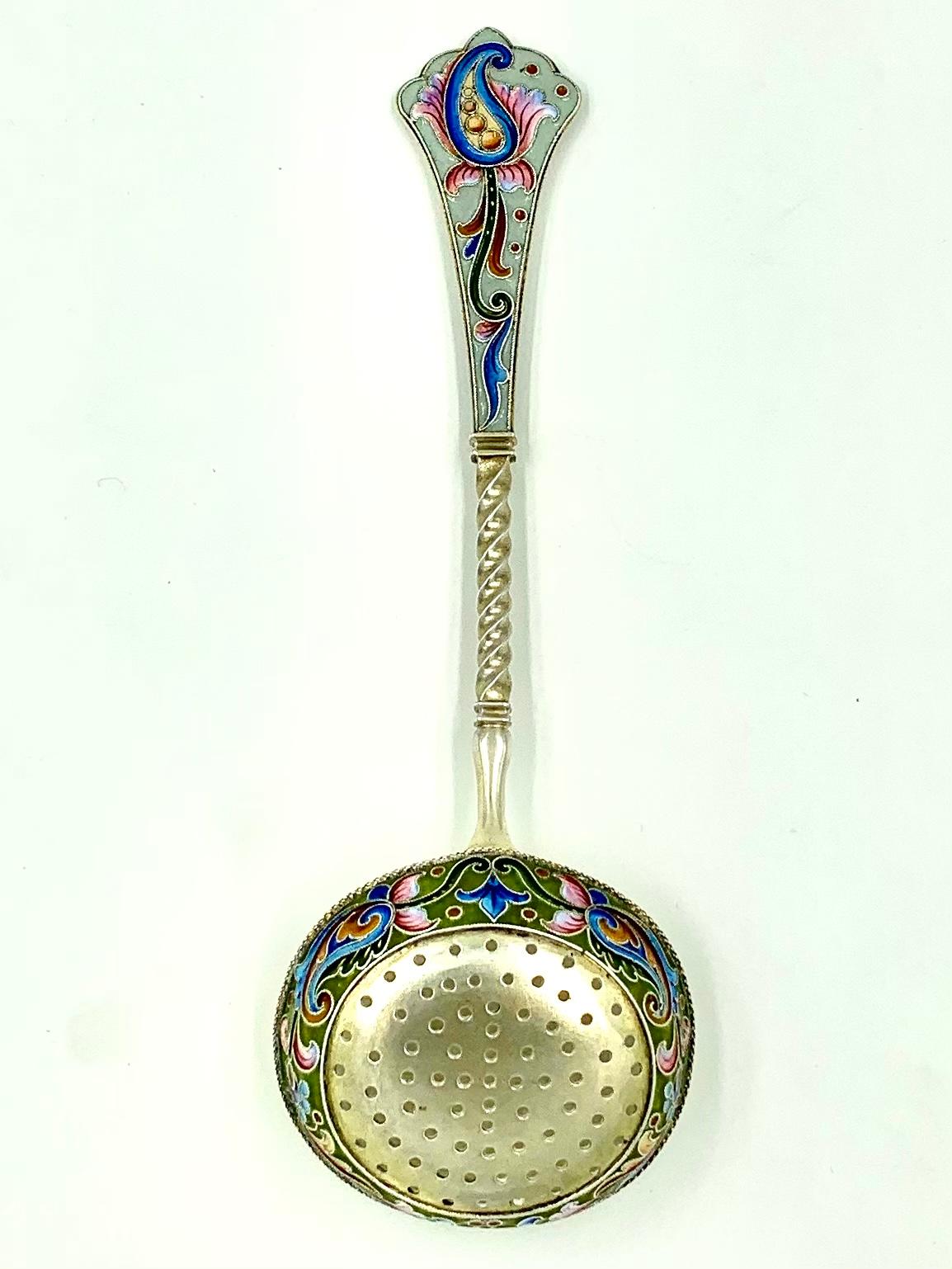 Antique Russian Pan-Slavic Silver Shaded Enamel Tea Strainer, Nikolai Alekseyev For Sale 3