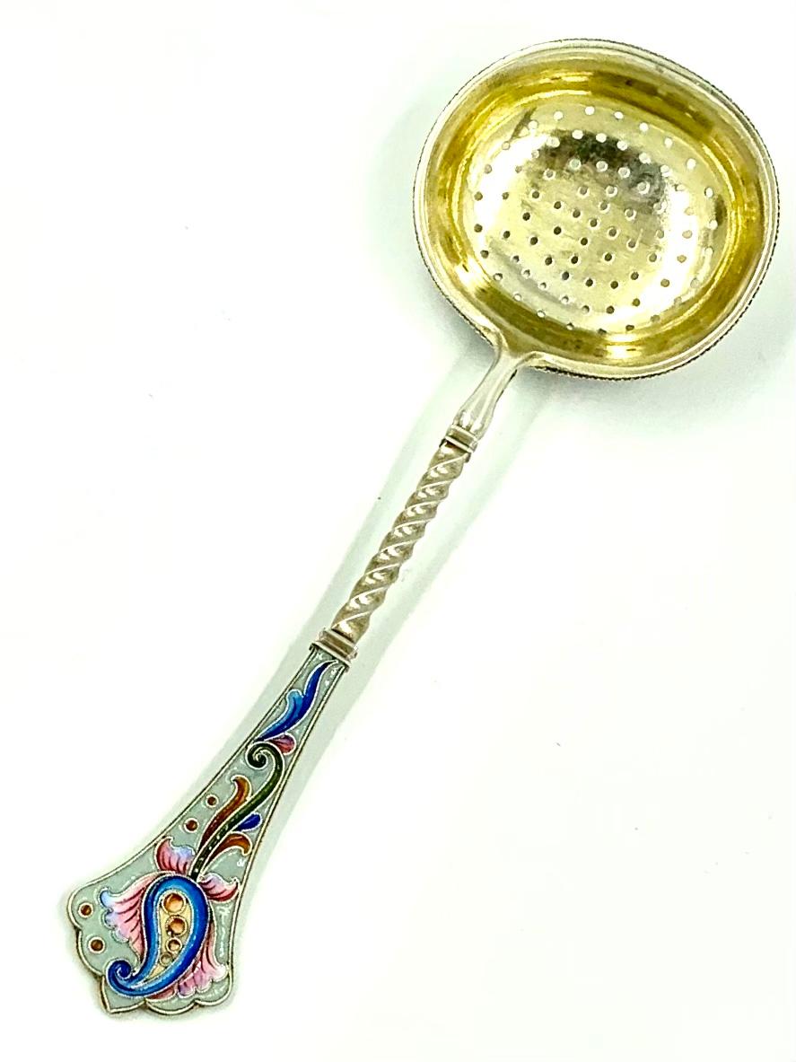 Antique Russian Pan-Slavic Silver Shaded Enamel Tea Strainer, Nikolai Alekseyev For Sale 4