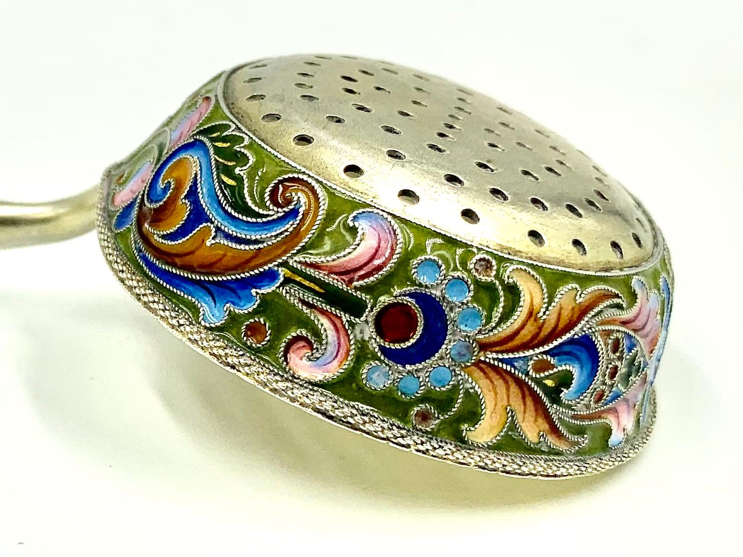 Antique Russian Pan-Slavic Silver Shaded Enamel Tea Strainer, Nikolai Alekseyev In Good Condition For Sale In New York, NY