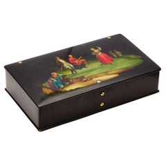 Antique Russian paper-mâché lacquer box with performance scenery 