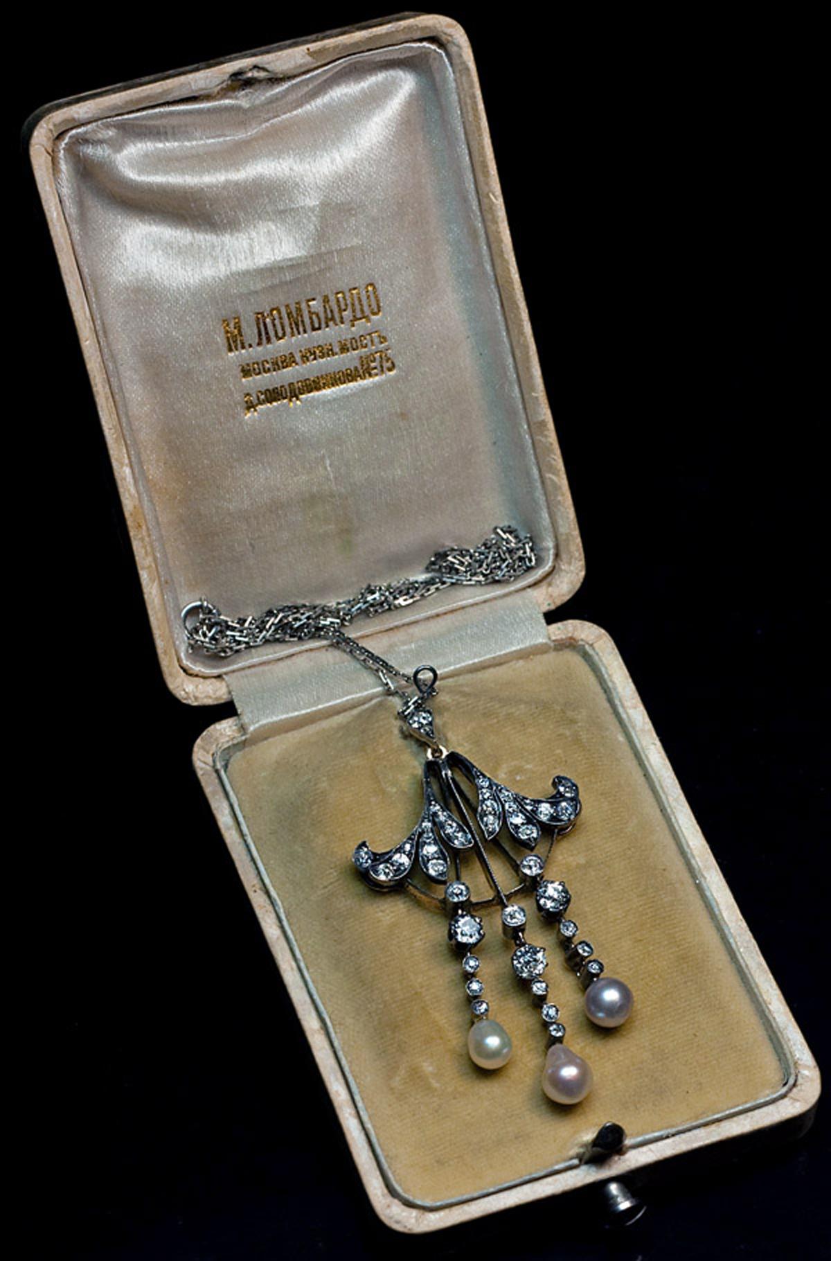 Old Mine Cut Antique Russian Pearl Diamond Art Nouveau Necklace For Sale