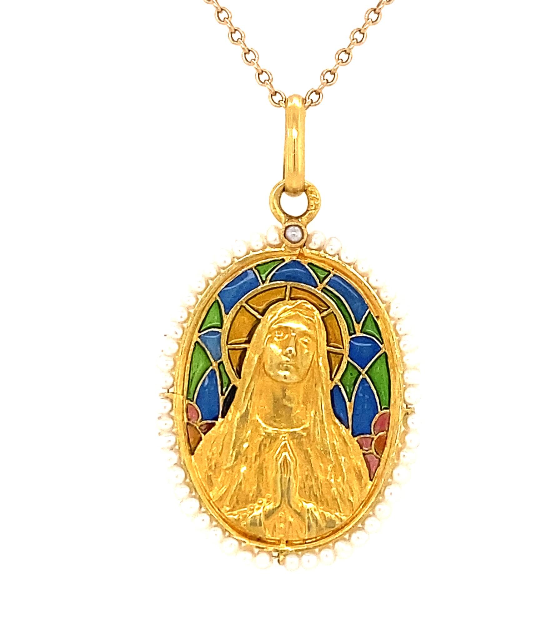 Art Nouveau Antique Russian Plique a Jour Virgin Mary Religious Pearl 18K Gold Pendant