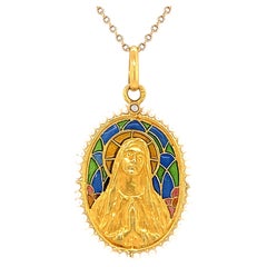 Antique Russian Plique a Jour Virgin Mary Religious Pearl 18K Gold Pendant