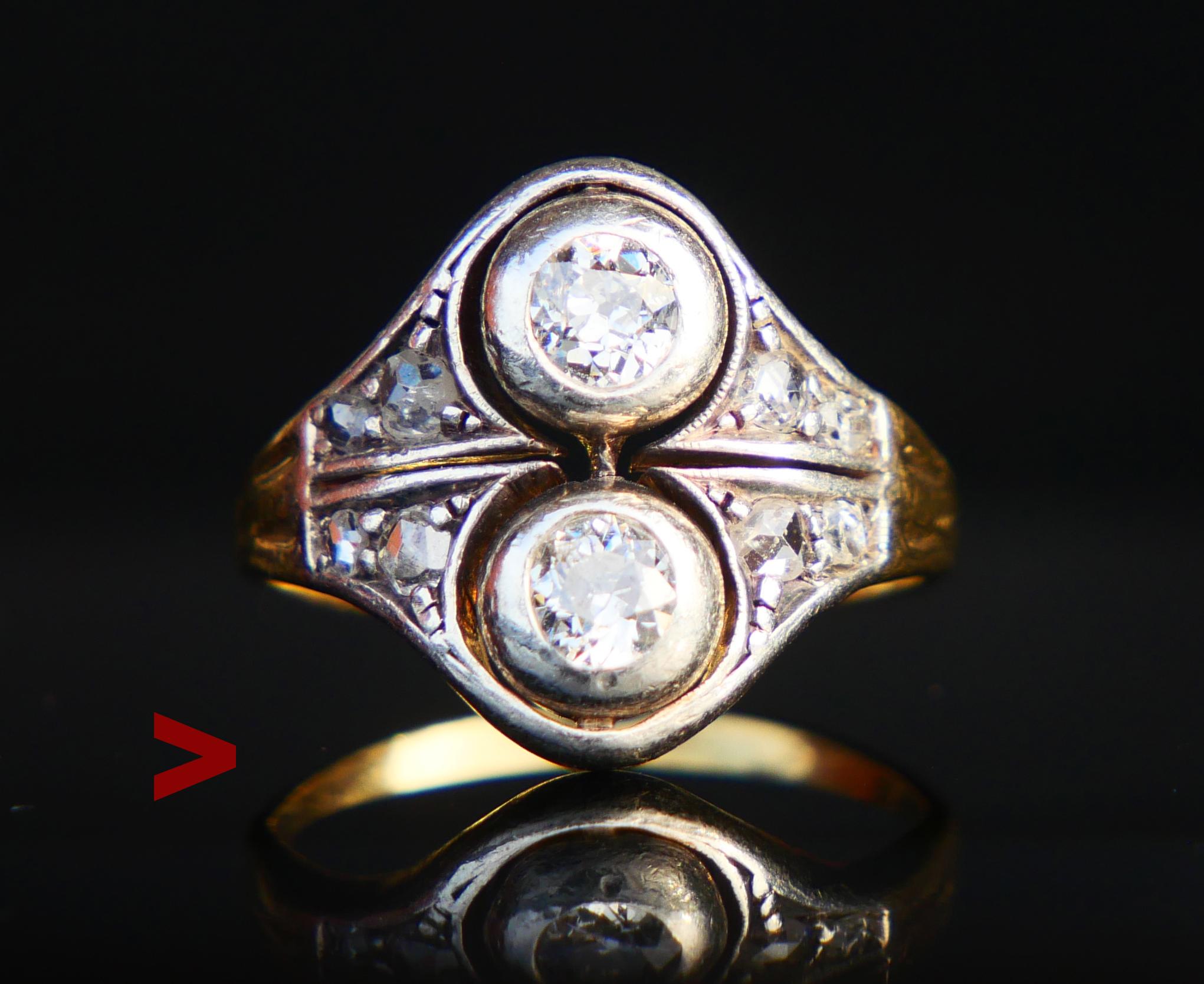 Beautiful antique Diamond Ring hand - made in Russia ca. late XIX - early XX century.

Not hallmarked. The crown is composite / with clusters in Silver on top of a solid 18K greenish Yellow Gold band (tested). In fine used condition.

The openwork
