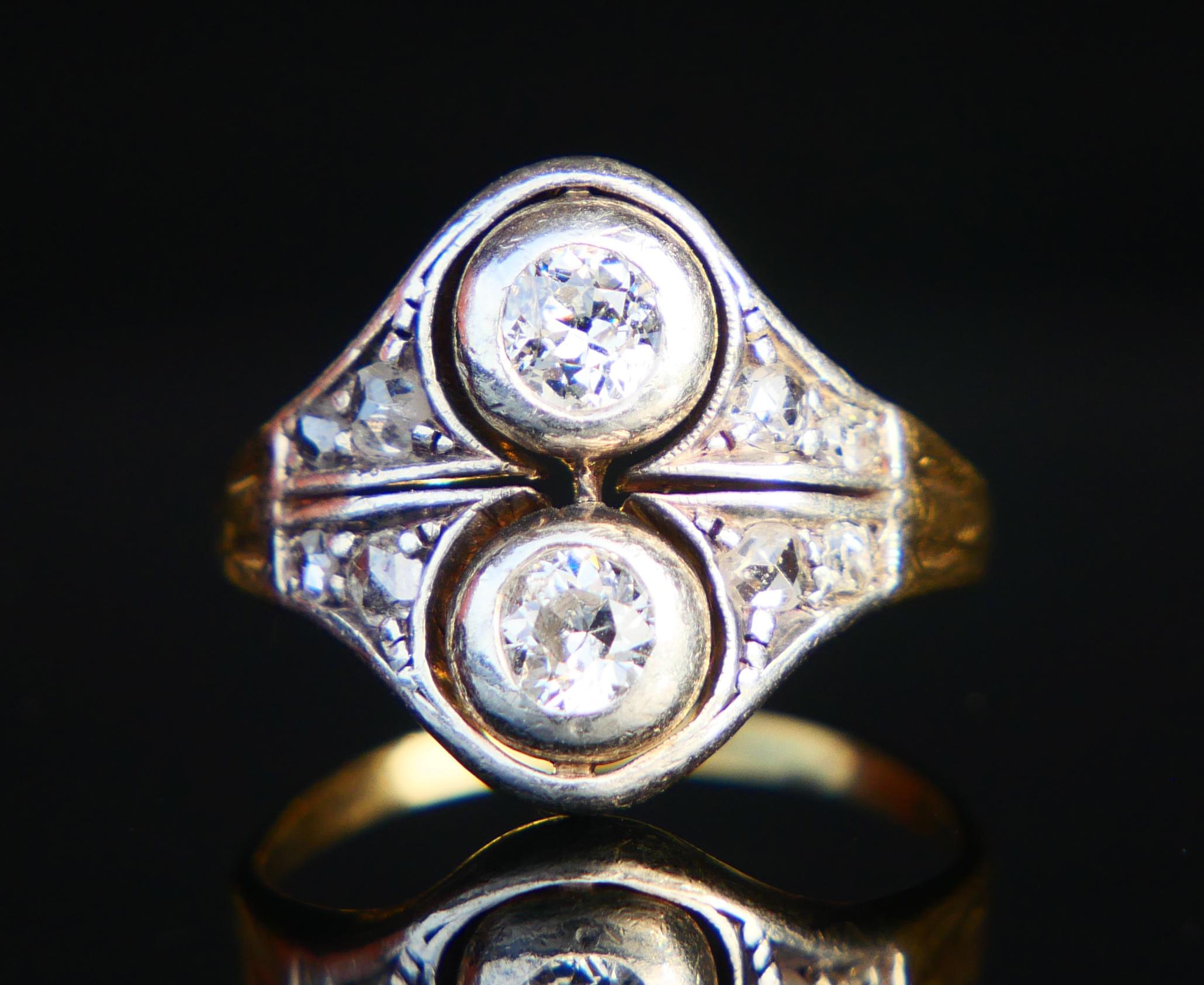 Old European Cut Antique Russian Ring 0.8 ctw. Diamonds solid 18K Gold Silver ØUS 6 / 4.55gr For Sale