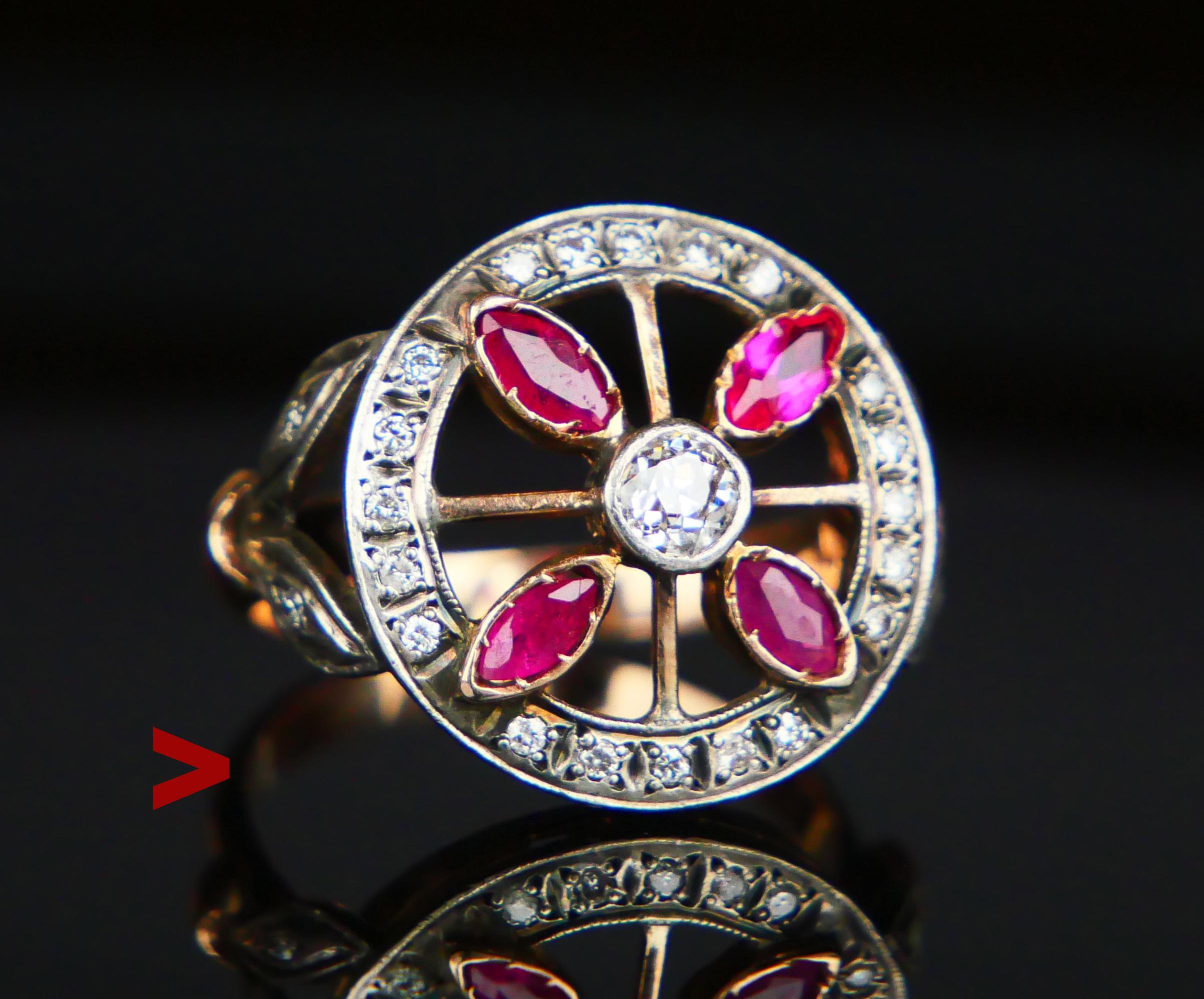 Anillo Antiguo Rubí natural 1,4ct Diamantes 1ctw Oro 14K macizo Plata ØUS 8 / 5,4g Corte marquesa en venta