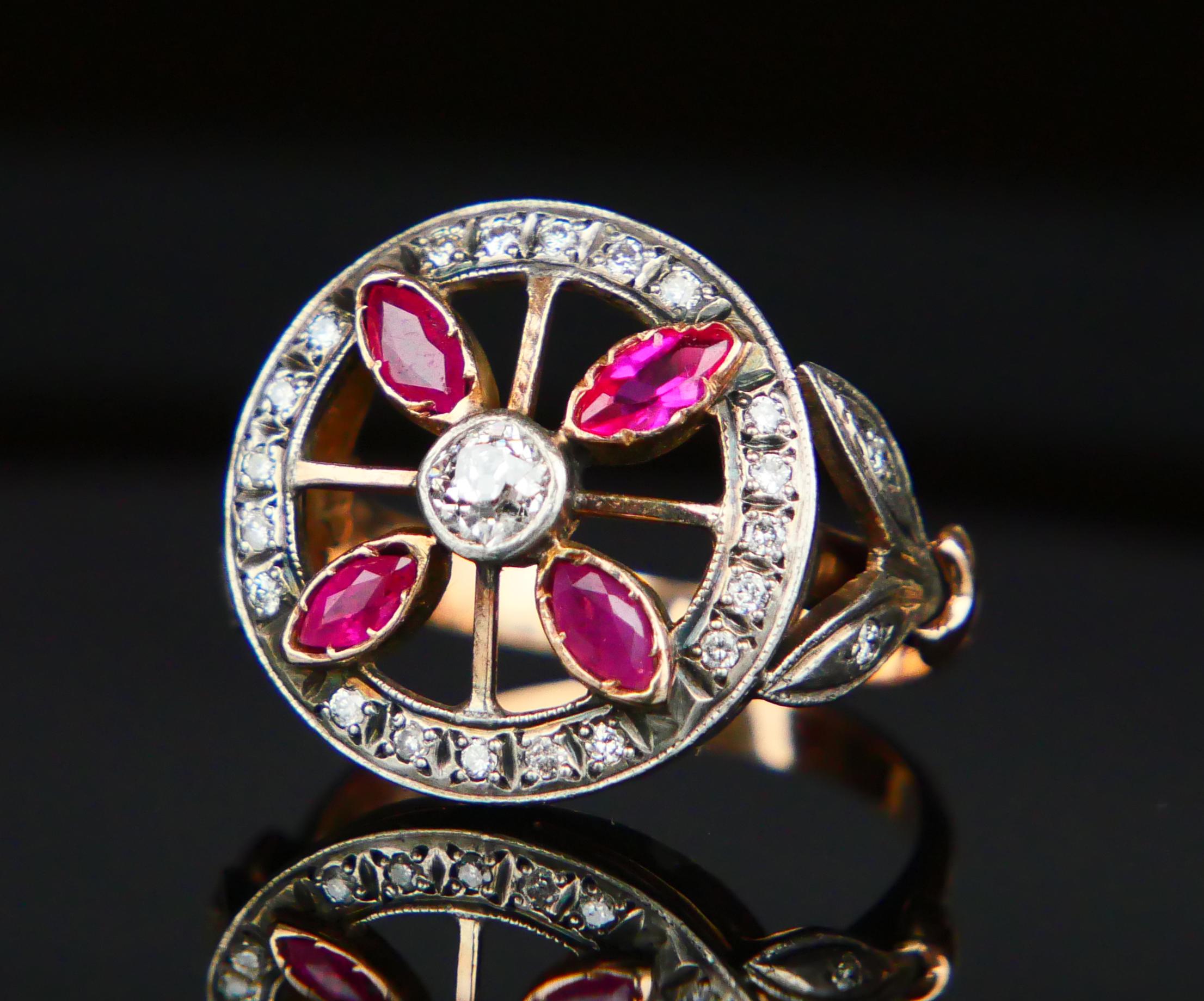 De las mujeres Anillo Antiguo Rubí natural 1,4ct Diamantes 1ctw Oro 14K macizo Plata ØUS 8 / 5,4g en venta