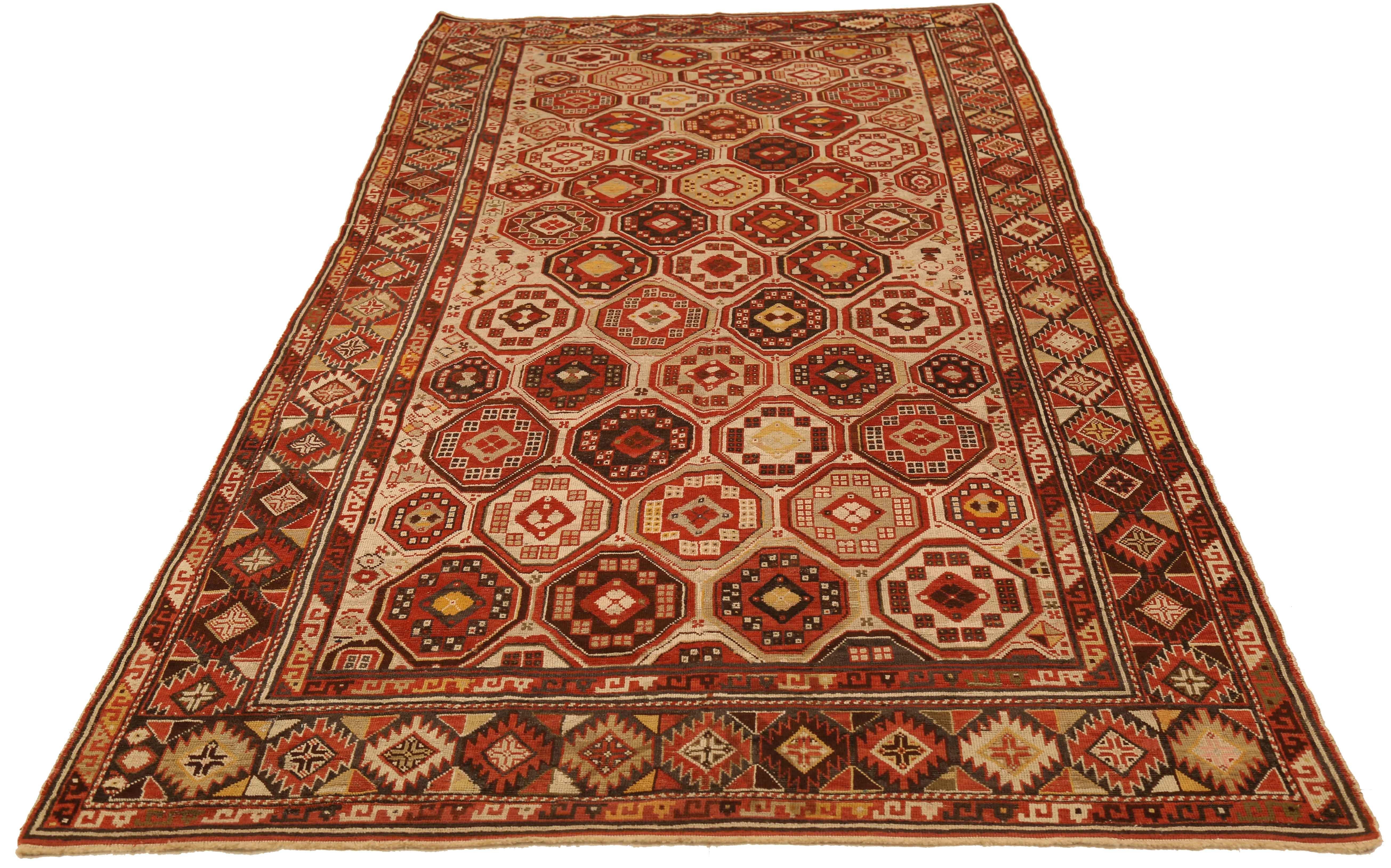 Hand-Knotted Antique Russian Rug Shirvan Style with Intricate Geometric Patterns, circa 1900s For Sale