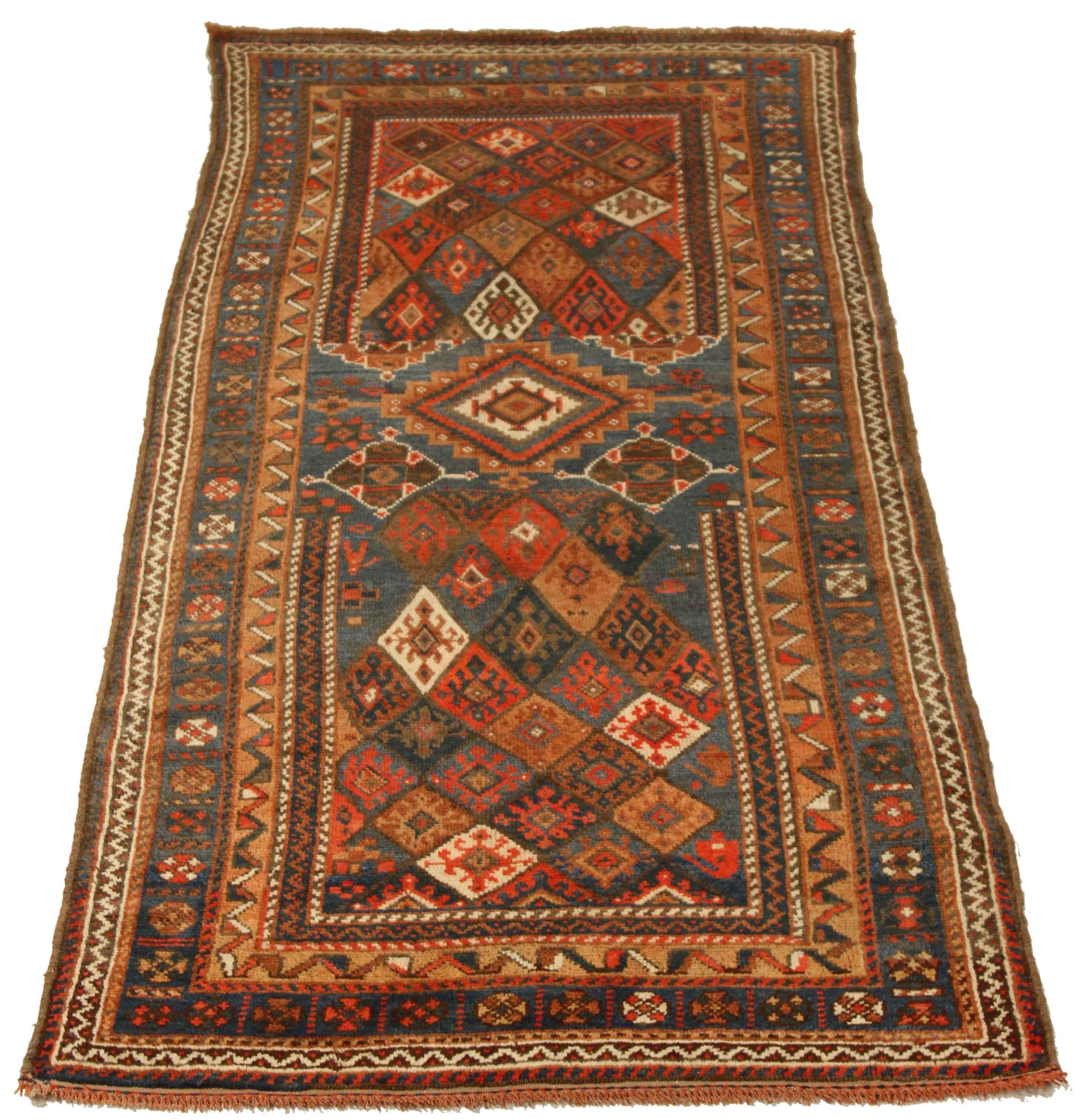 Sarouk Farahan Antique Russian Rug with Rustic Colored Diamond Details on Green Field For Sale