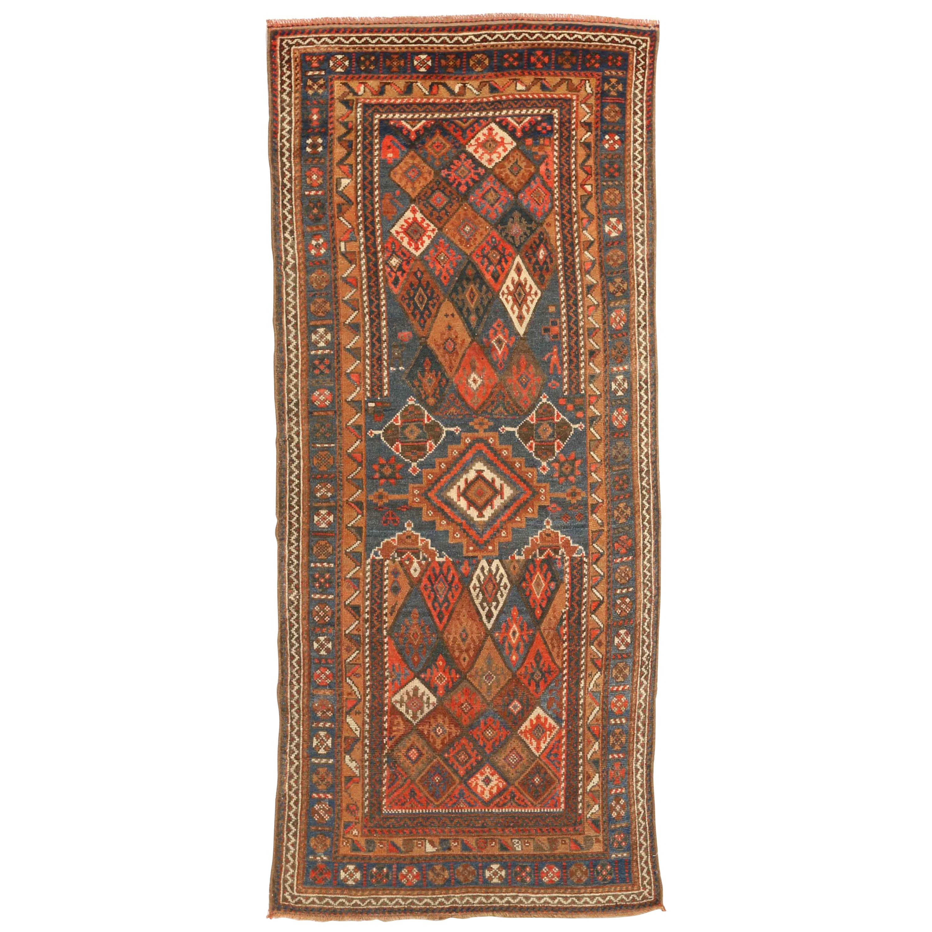 Antique Russian Rug with Rustic Colored Diamond Details on Green Field For Sale