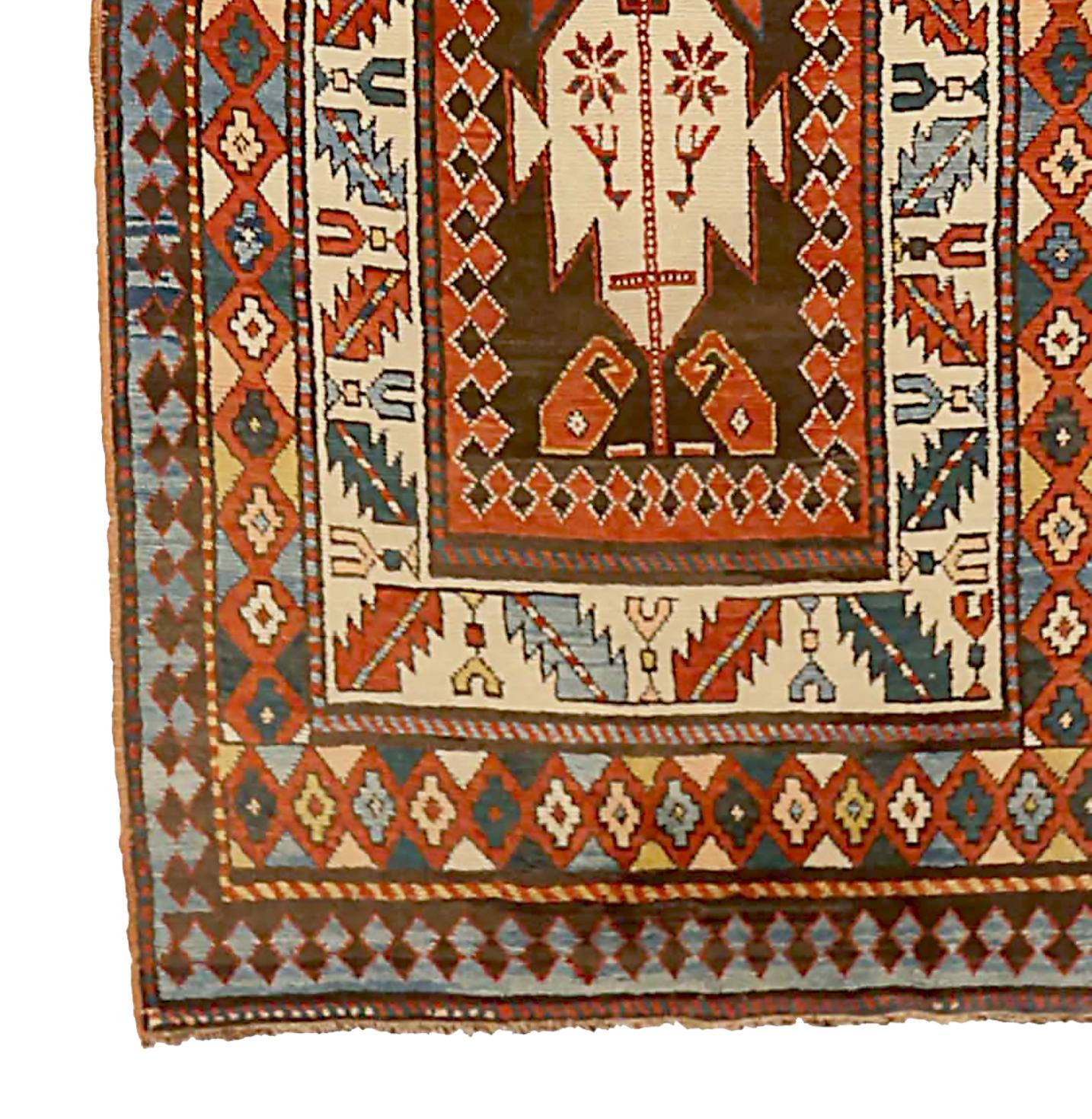 Hand-Woven Antique Russian Runner Rug Kazak Design For Sale