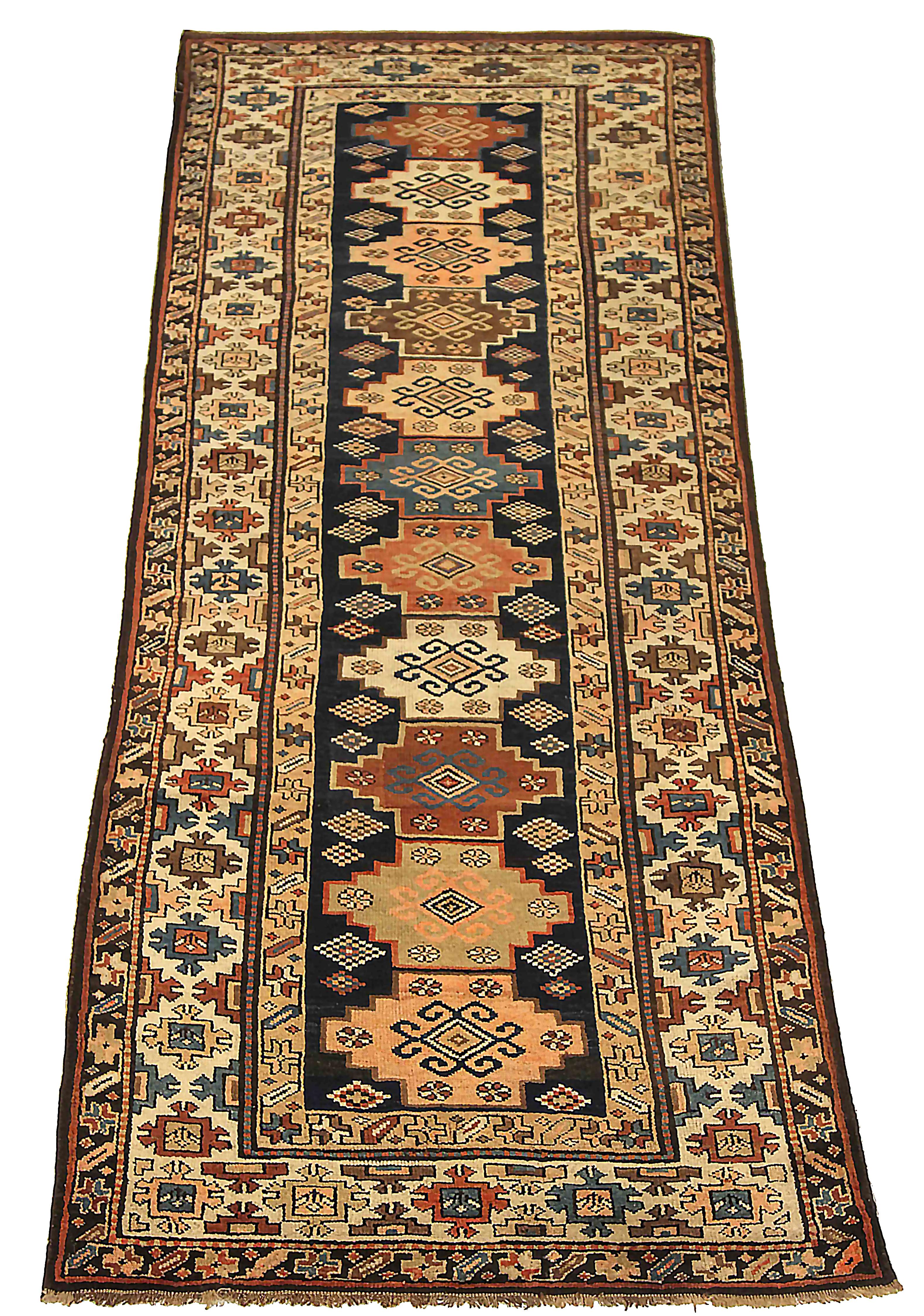 Antique Russian runner rug handwoven from the finest sheep’s wool. It’s colored with all-natural vegetable dyes that are safe for humans and pets. It’s a traditional Kazak design handwoven by expert artisans. It’s a lovely runner rug that can be