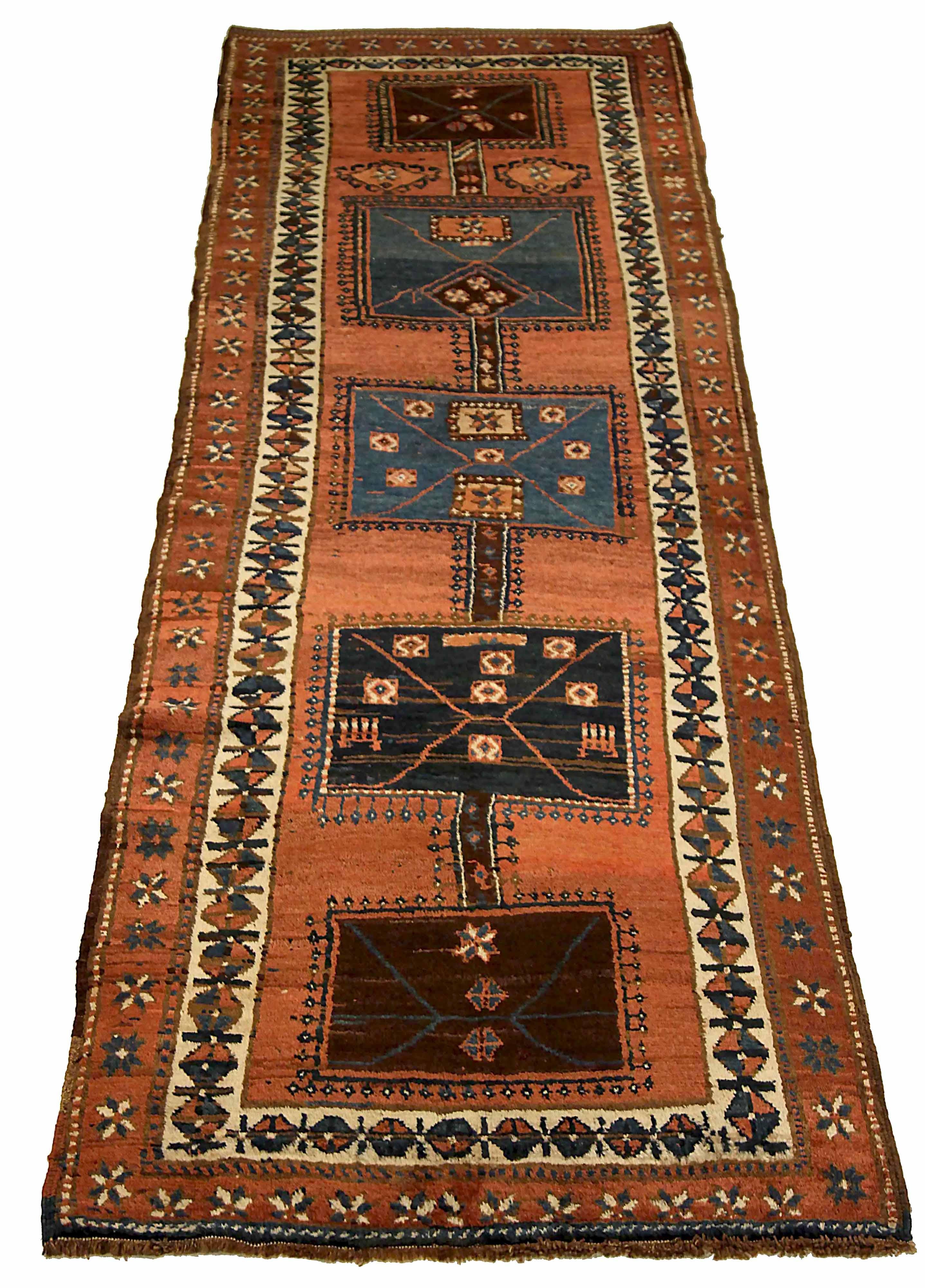 Antique Russian runner rug handwoven from the finest sheep’s wool. It’s colored with all-natural vegetable dyes that are safe for humans and pets. It’s a traditional Kazak design handwoven by expert artisans. It’s a lovely runner rug that can be