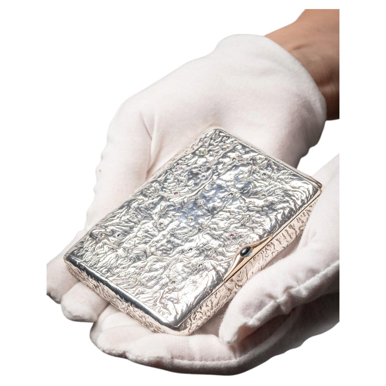 Antique Russian Samorodok Silver, Gold, Diamond Cigarette Case by Peter Baskakov For Sale