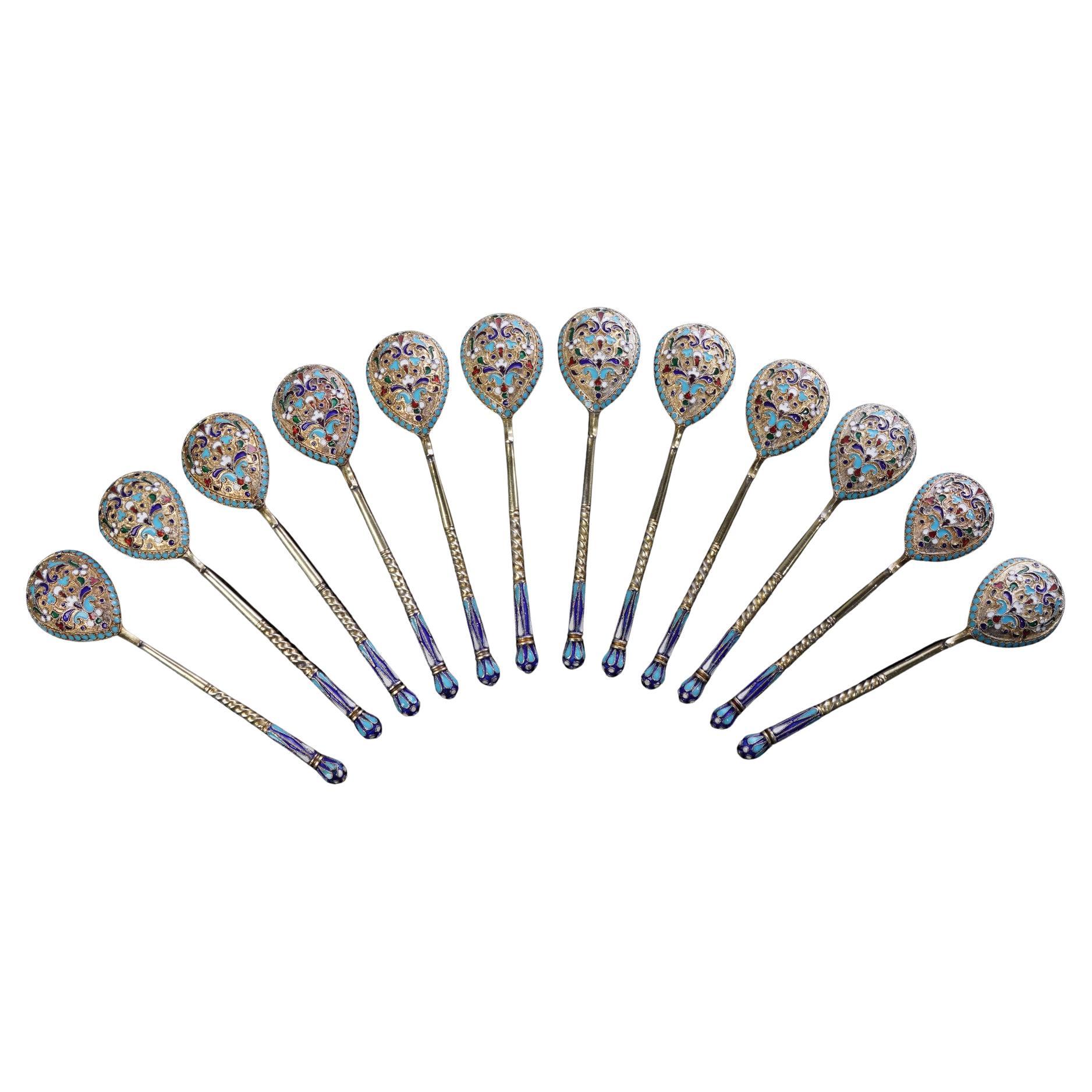 Antique Russian Set of 12 Cloisonné Enamel and Silver Spoons