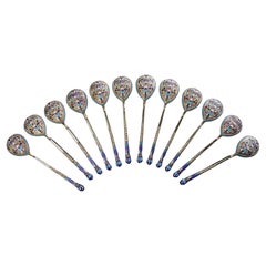 Antique Russian Set of 12 Cloisonné Enamel and Silver Spoons