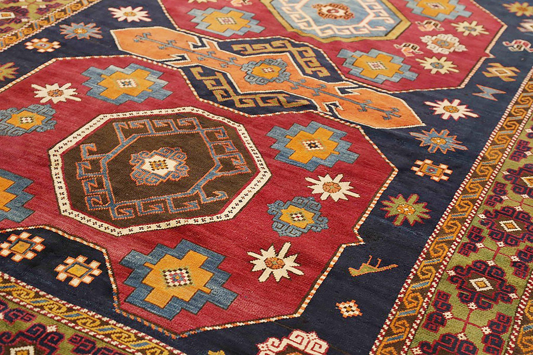 Islamic Antique Russian Shirvan Rug with Geometric & Floral Medallions in Red and Orange For Sale