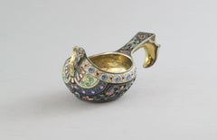 Antique Russian Silver and Cloisonné Enamel Kovsh, Nikolay Alekseyev