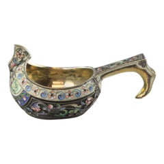 Antique Russian Silver and Cloisonné Enamel Kovsh, Nikolay Alekseyev